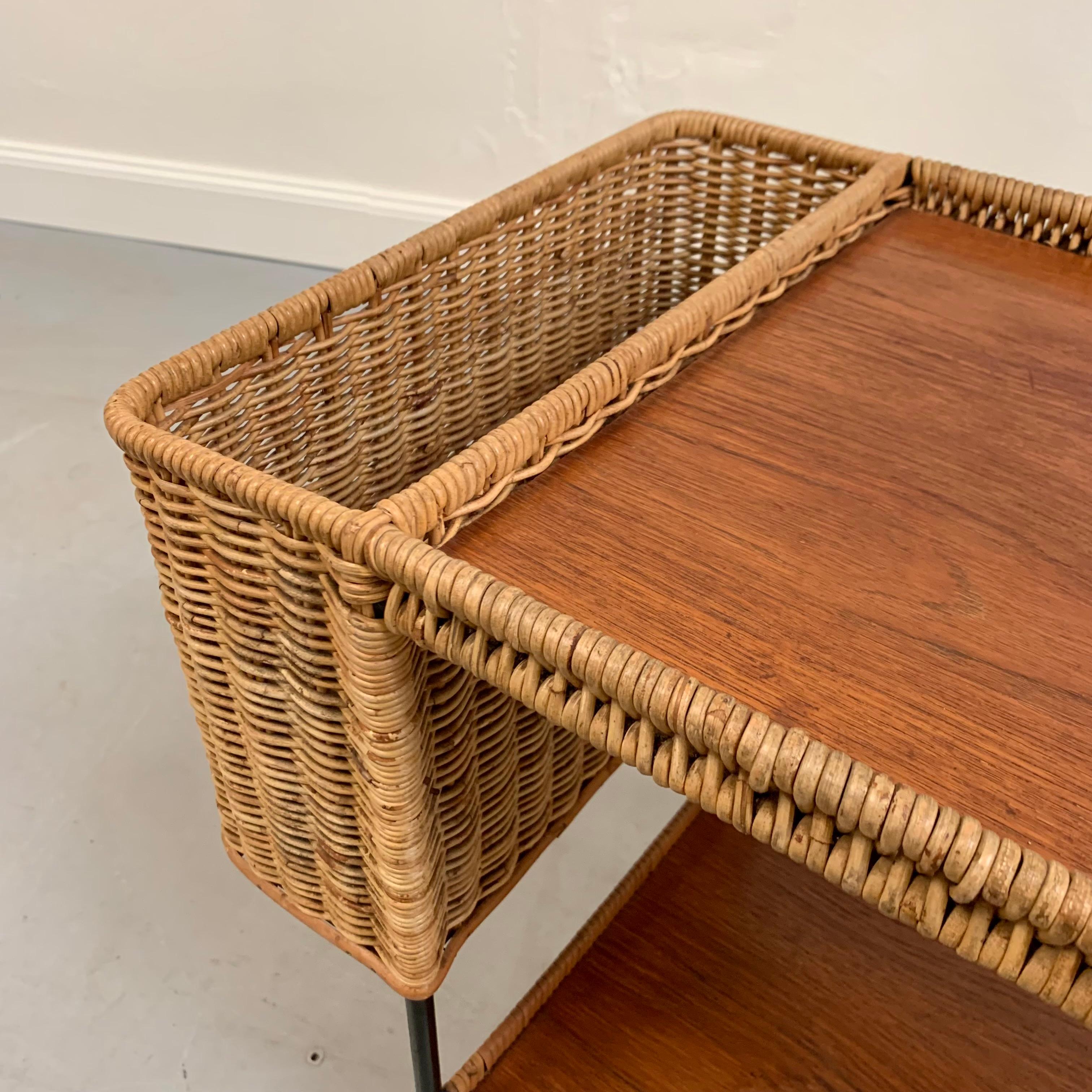 Carrello da bar in rattan e teak di Helmut Magg, 1960 circa, Germania. in vendita 5
