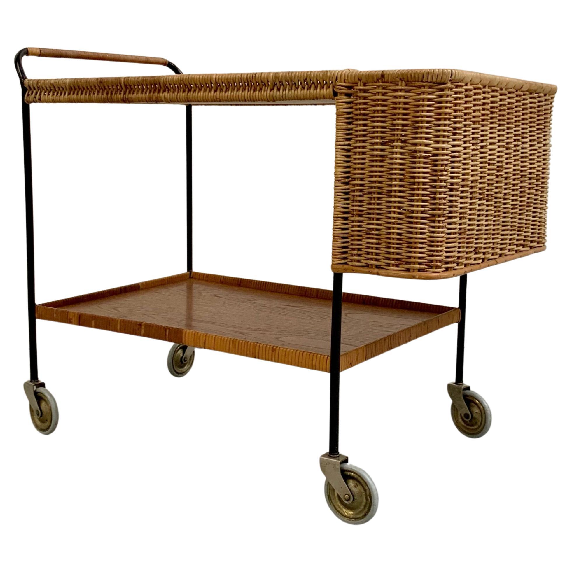 Helmut Magg Rattan and Teak Bar Cart, circa 1960, Germany.