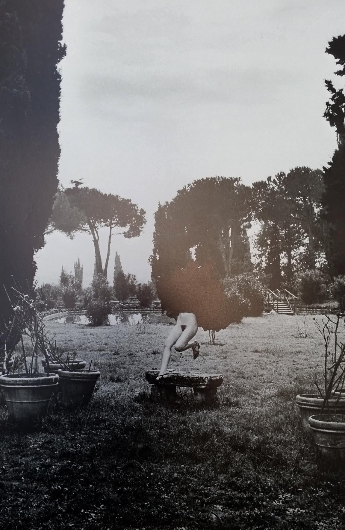 Helmut Newton Black and White Photograph - In a garden near Rome 