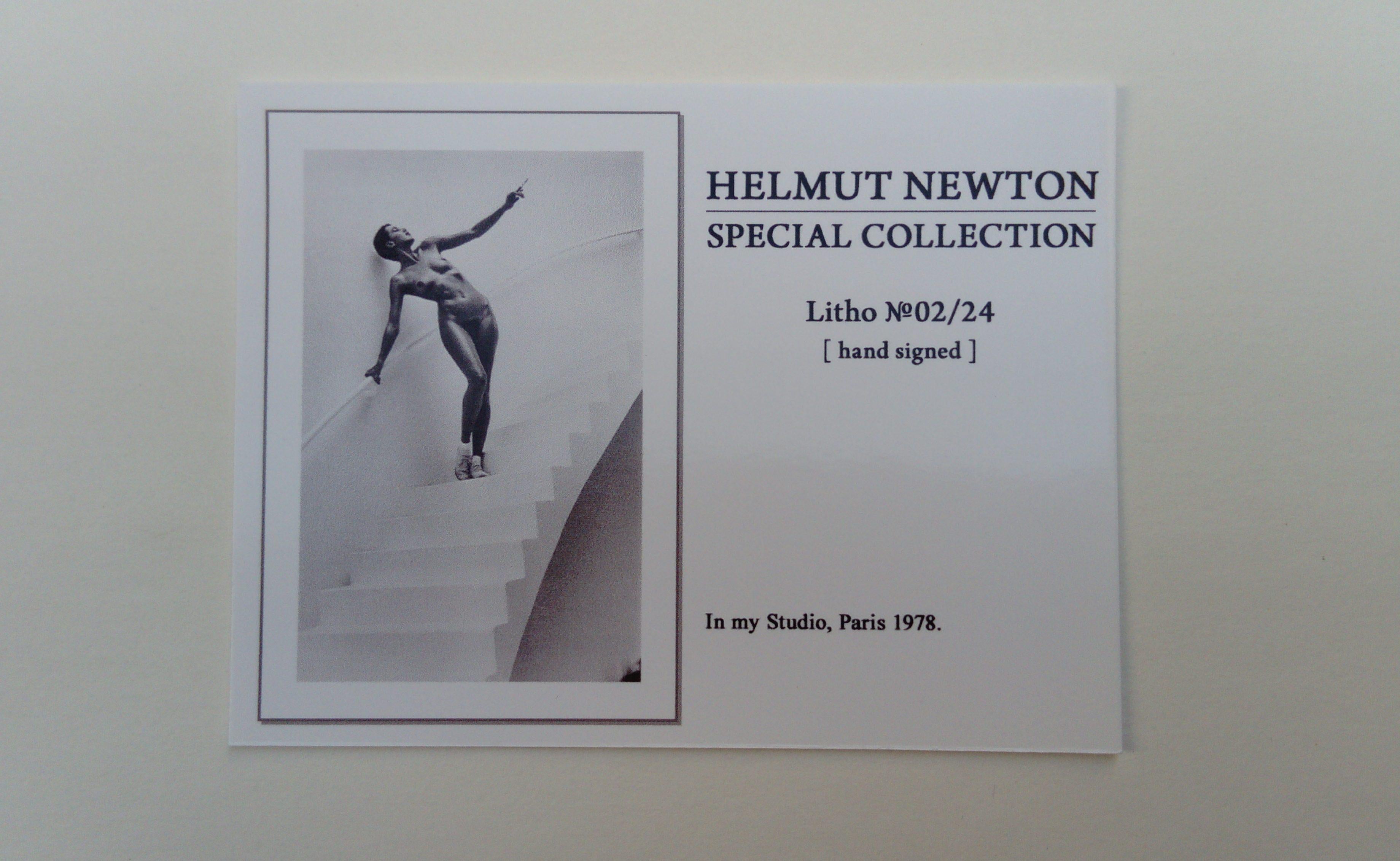 Very nice photo-lithography of Helmut Newton
Annotations on the back
Dimensions: 41 x 28 cm
Signed by the artist in pencil
Perfect condition - neat shipment