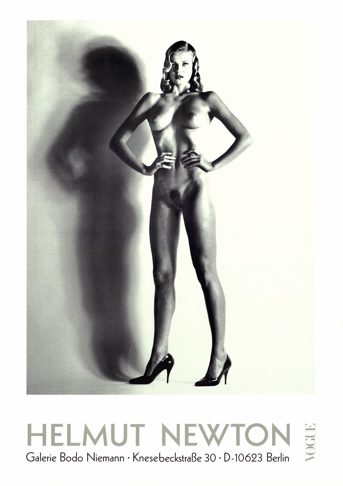 This is an original exhibition poster featuring Helmut Newton's iconic photograph "Big Nude with Black High Heels." The poster was printed for the exhibition at Galerie Bodo Nieman, located at Knesebeckstrasse 30 in Berlin, D-10623, and was