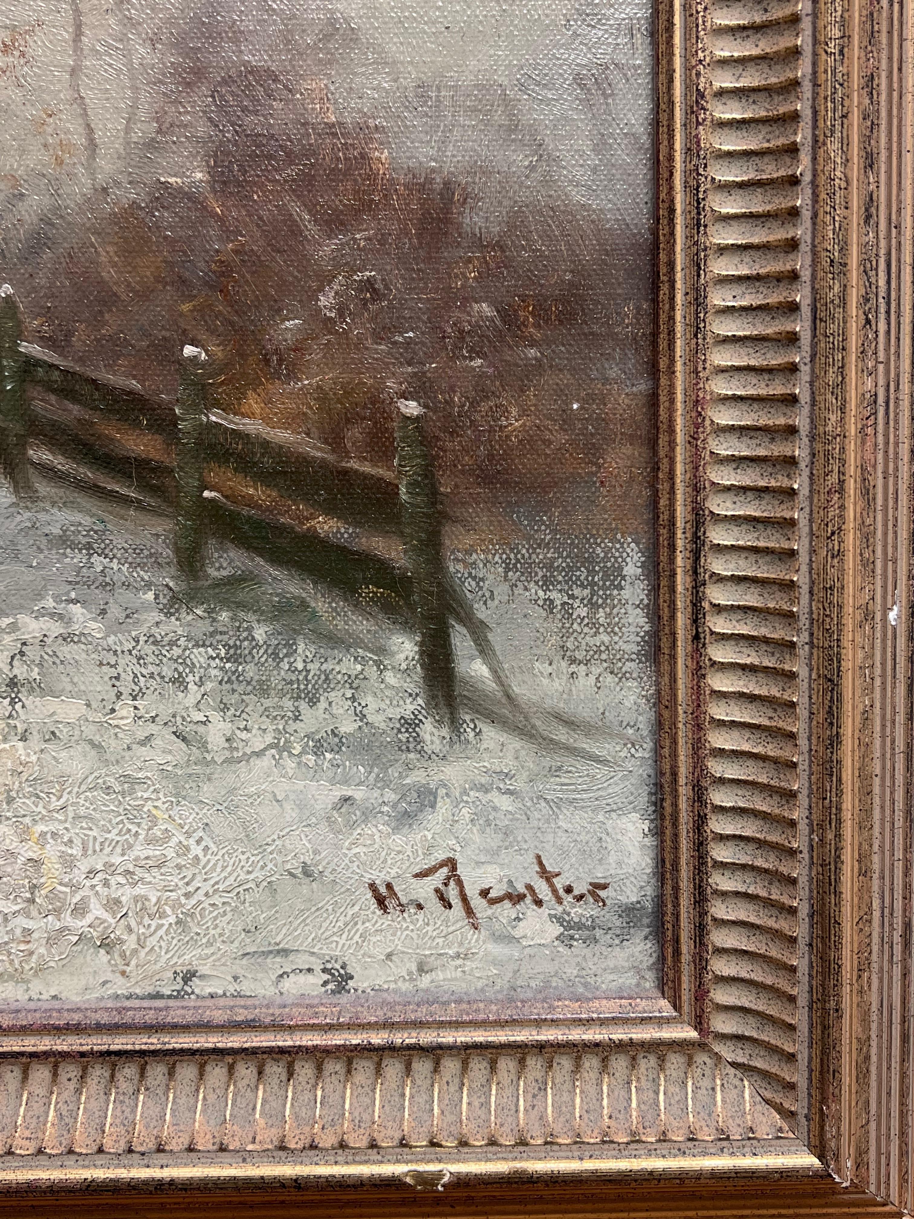 Antico dipinto a olio tedesco firmato A. Winter, neve e tramonto con figure che camminano - Painting di Helmut Reuter (1913-1985)