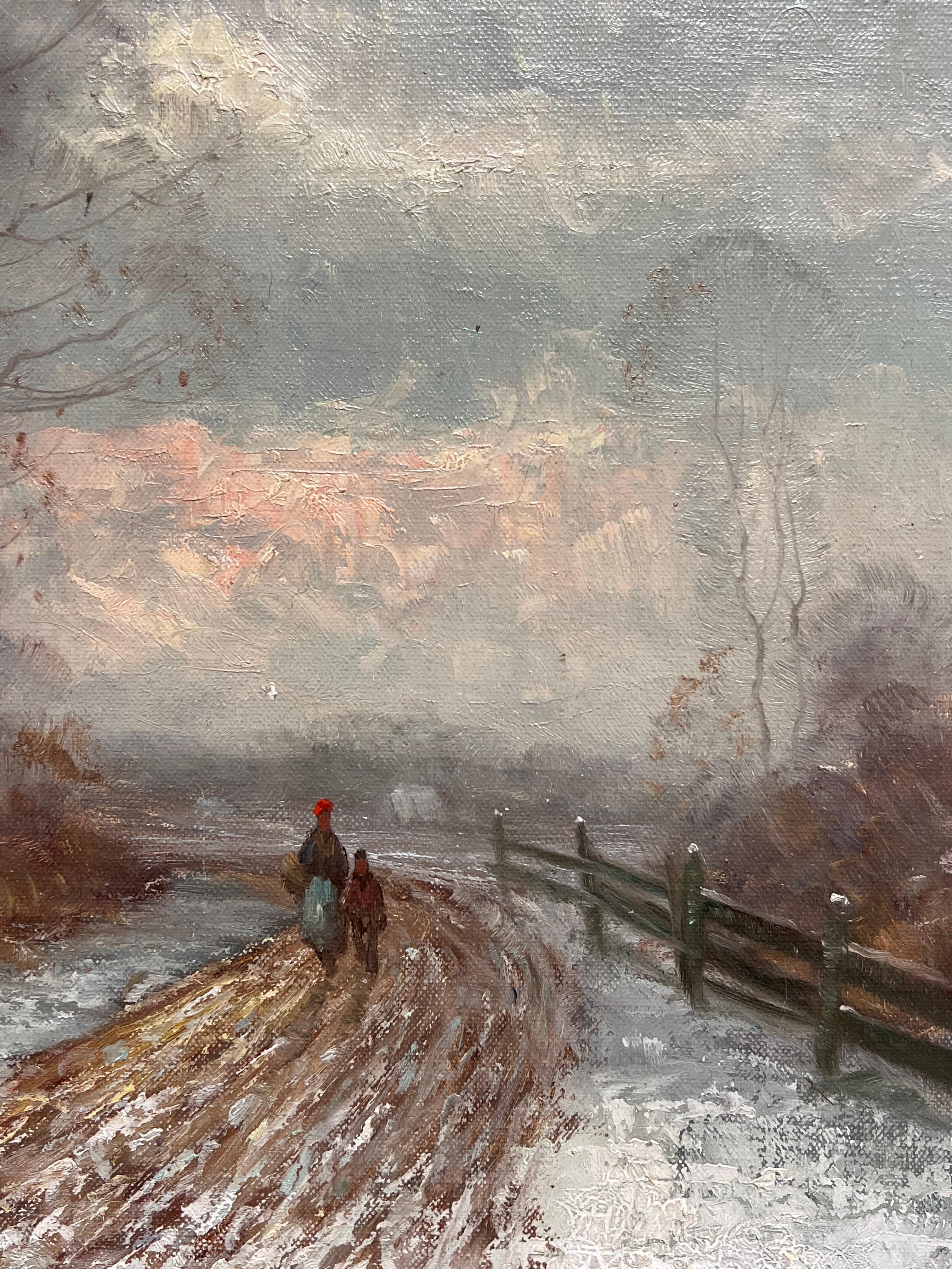 Antico dipinto a olio tedesco firmato A. Winter, neve e tramonto con figure che camminano - Painting Impressionismo di Helmut Reuter (1913-1985)