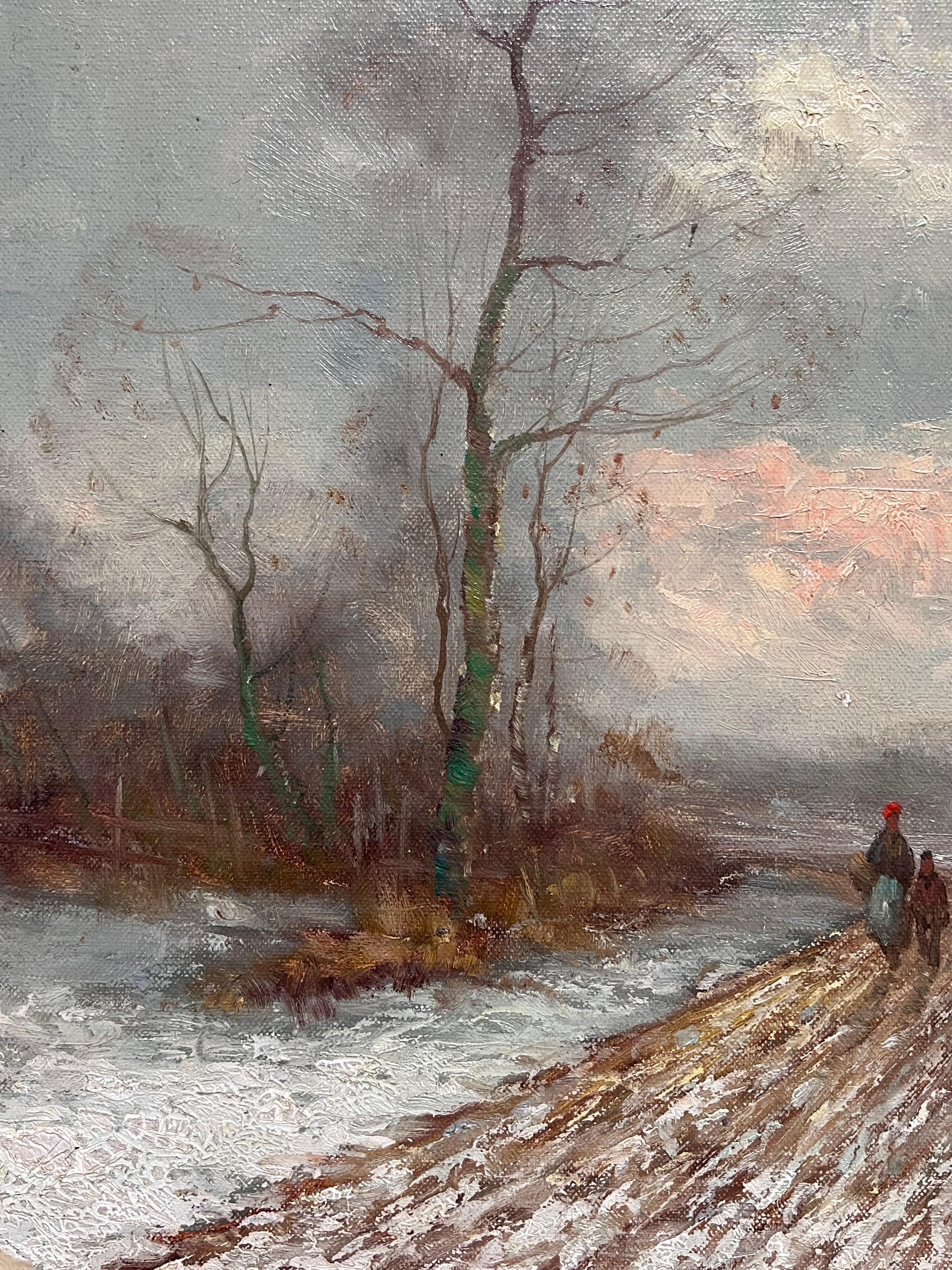 Antico dipinto a olio tedesco firmato A. Winter, neve e tramonto con figure che camminano - Landscape Painting Grigio di Helmut Reuter (1913-1985)