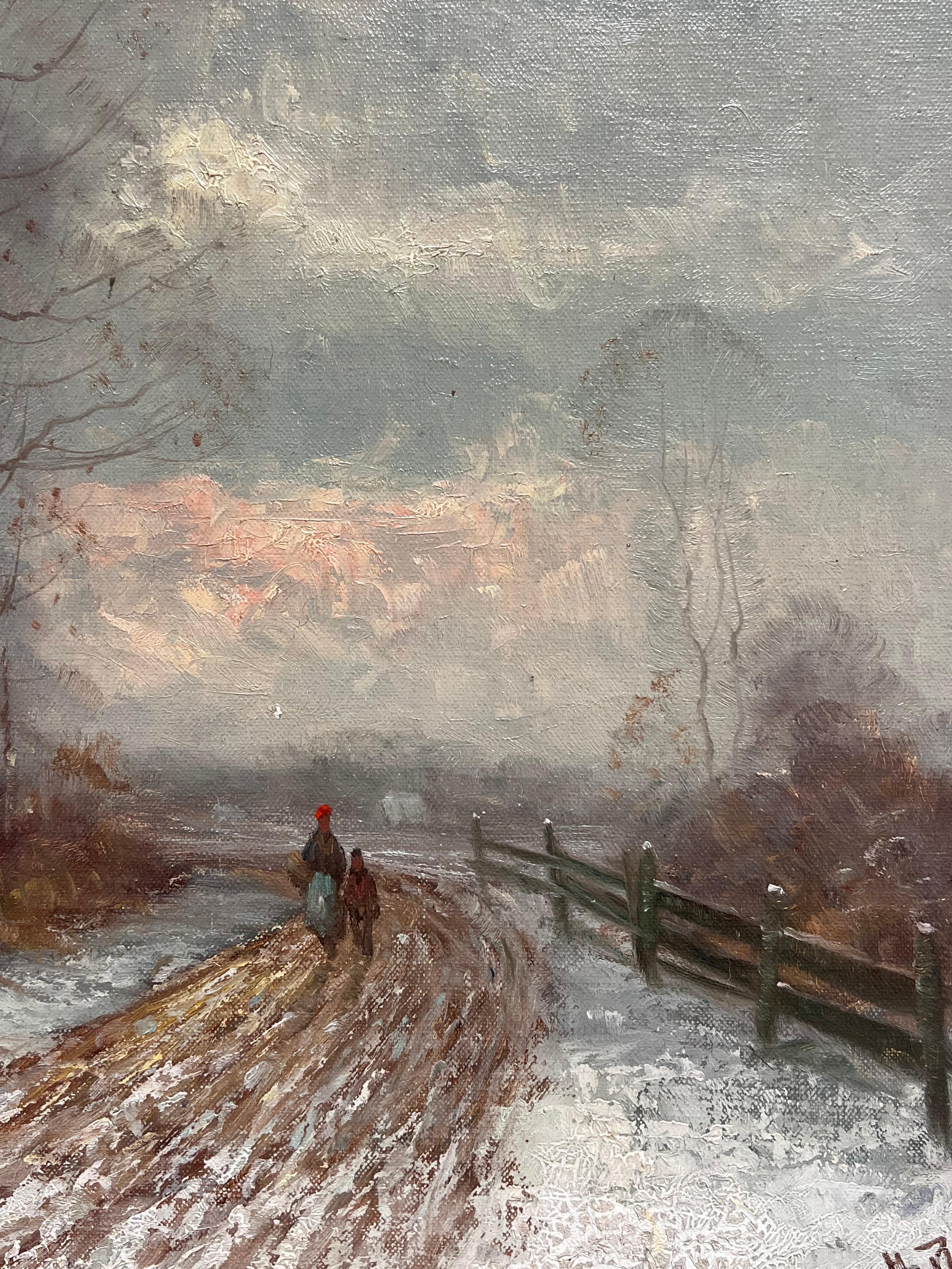 Antico dipinto a olio tedesco firmato A. Winter, neve e tramonto con figure che camminano 1