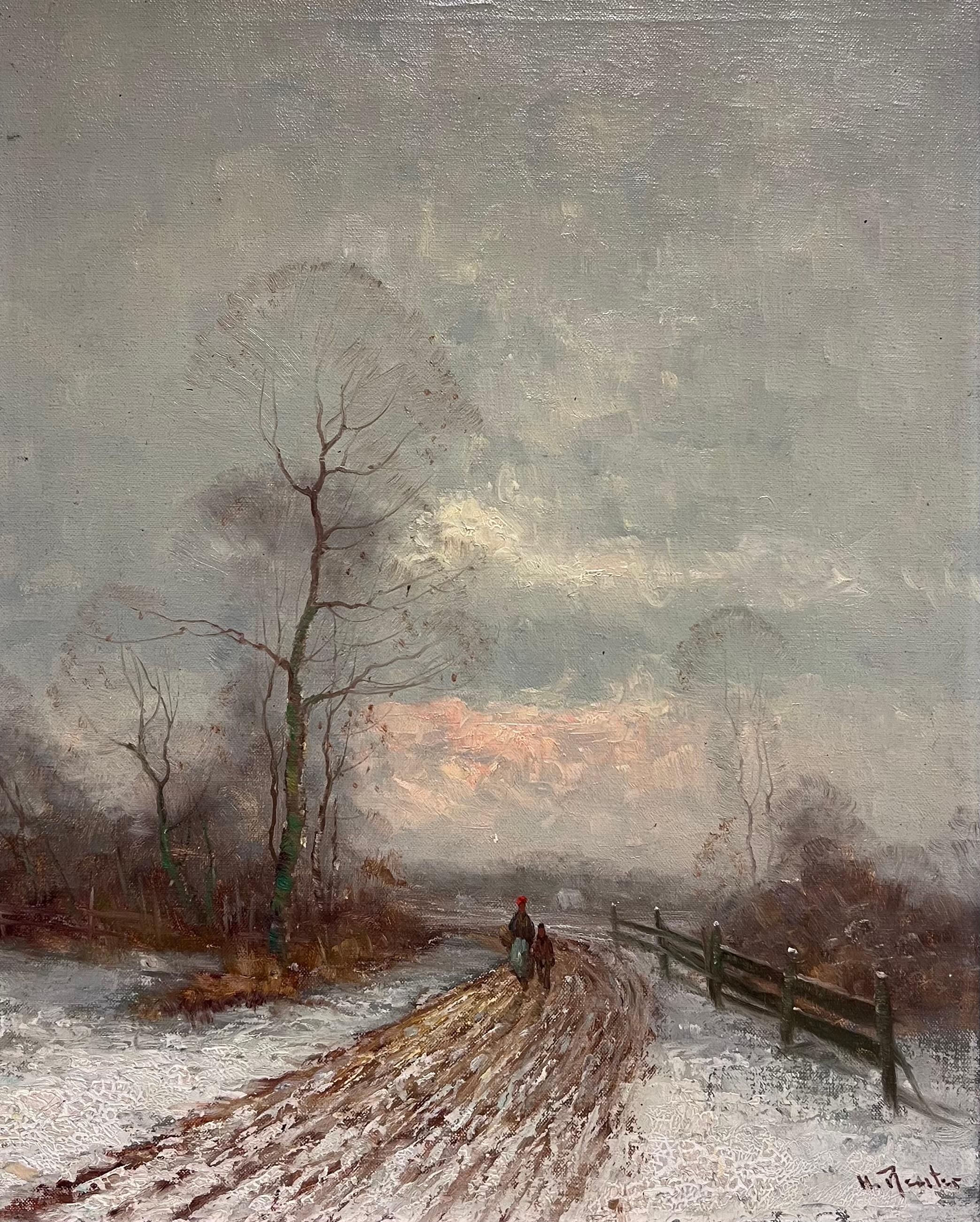 Antico dipinto a olio tedesco firmato A. Winter, neve e tramonto con figure che camminano 2