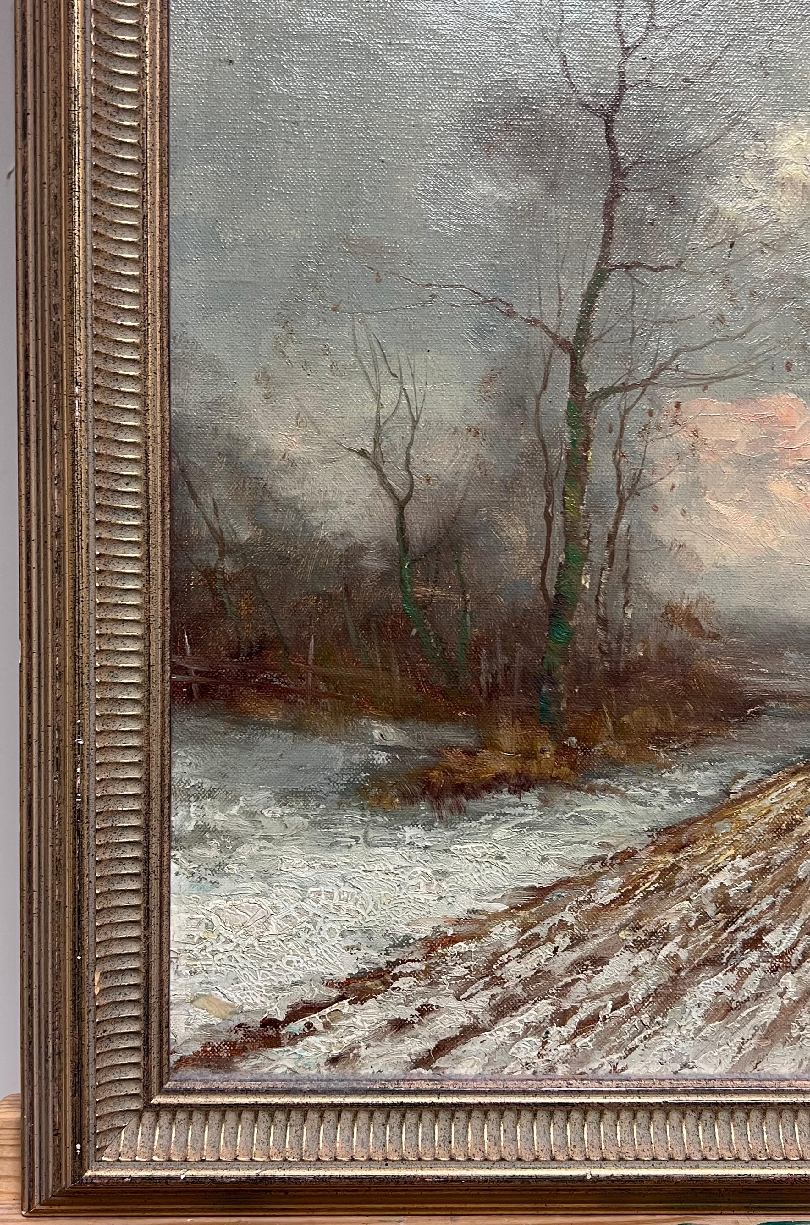 Antico dipinto a olio tedesco firmato A. Winter, neve e tramonto con figure che camminano 3