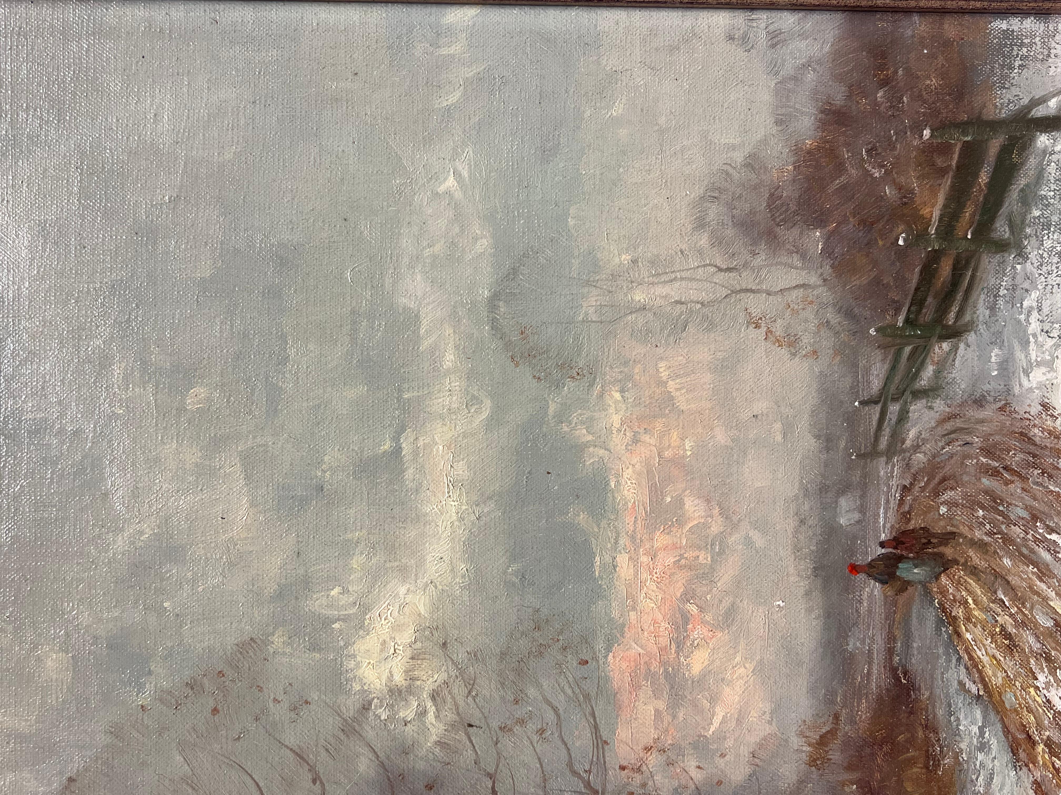 Antico dipinto a olio tedesco firmato A. Winter, neve e tramonto con figure che camminano 4