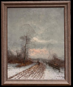 Antiquité allemande signée peinture à l'huile Winter Snow Sunset Lane with Figures Walking