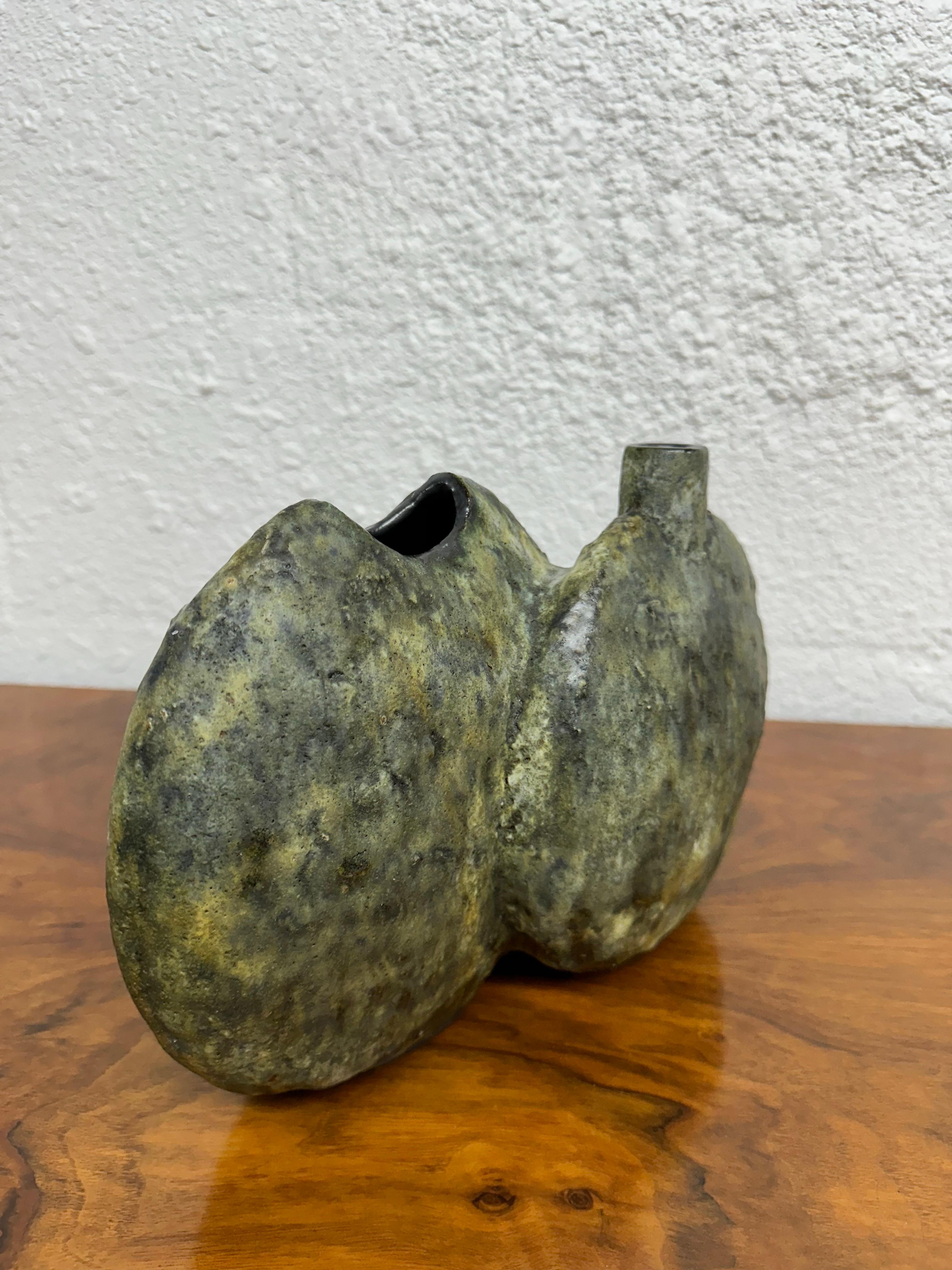Molded Helmut Schäffenacker German Brutalist Green Triple Ceramic Vase