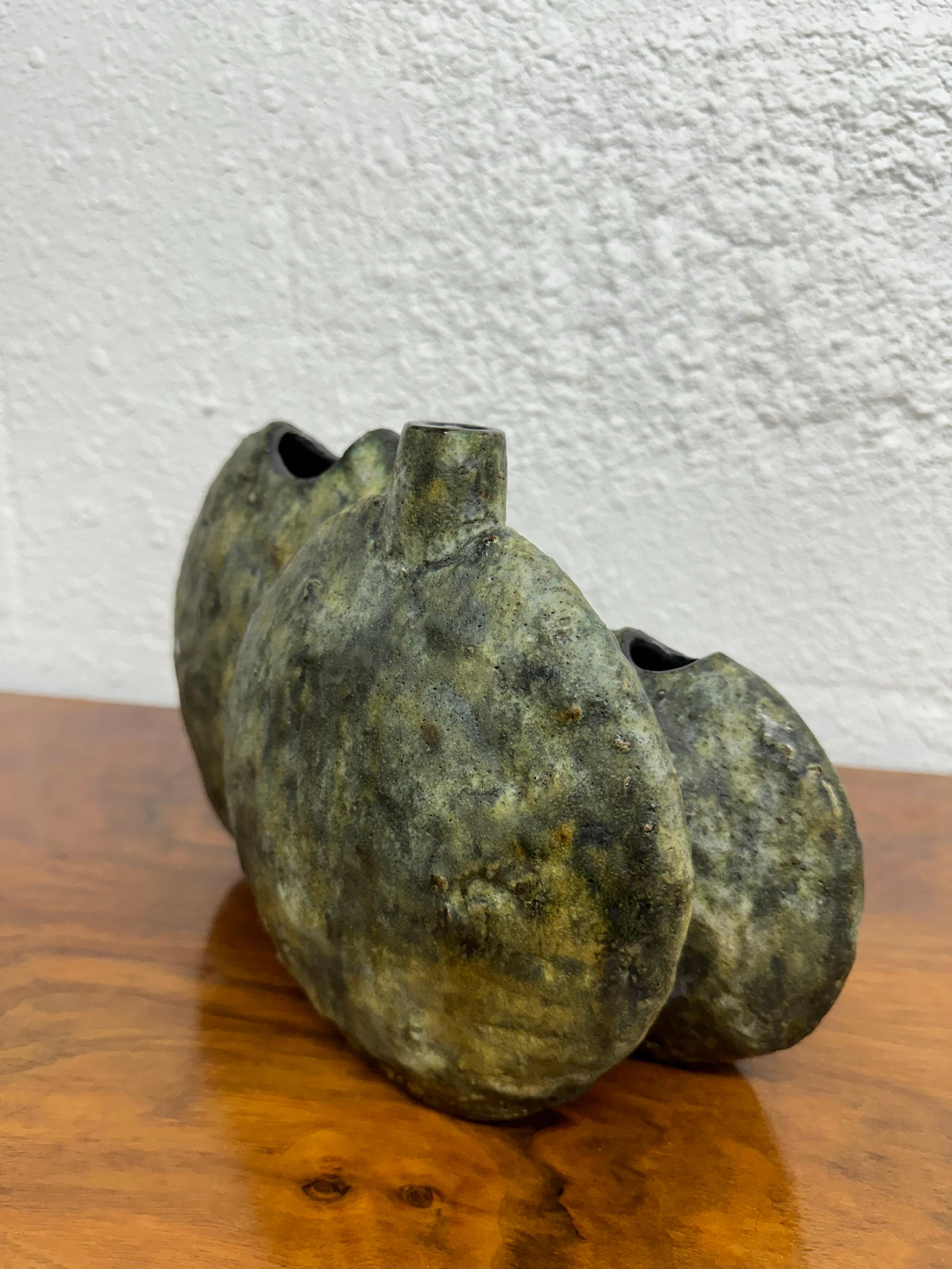 Helmut Schäffenacker German Brutalist Green Triple Ceramic Vase In Good Condition In Lutz, FL