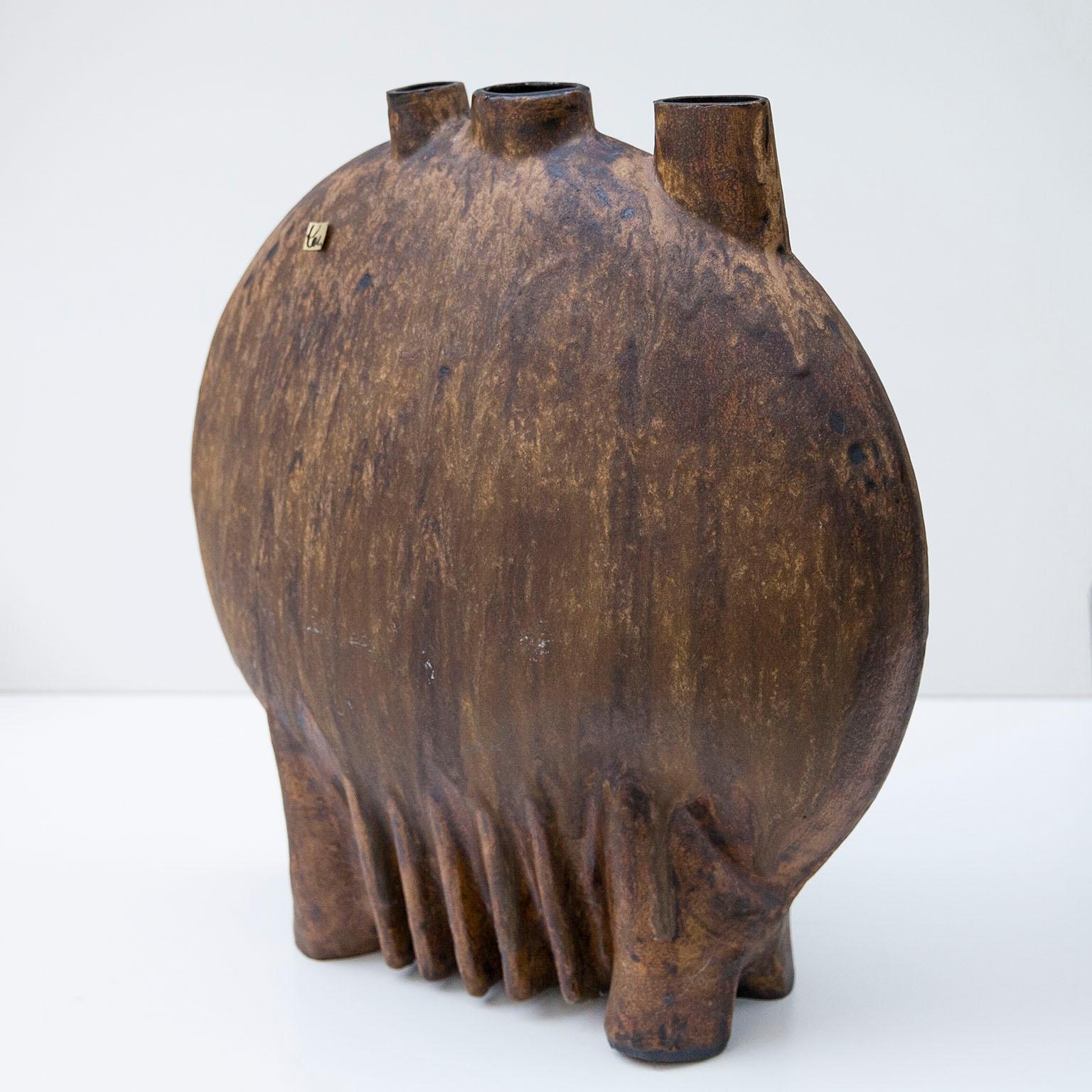 German Helmut Schäffenacker Huge Round Maroon Glazed Stoneware Vase, 1960s