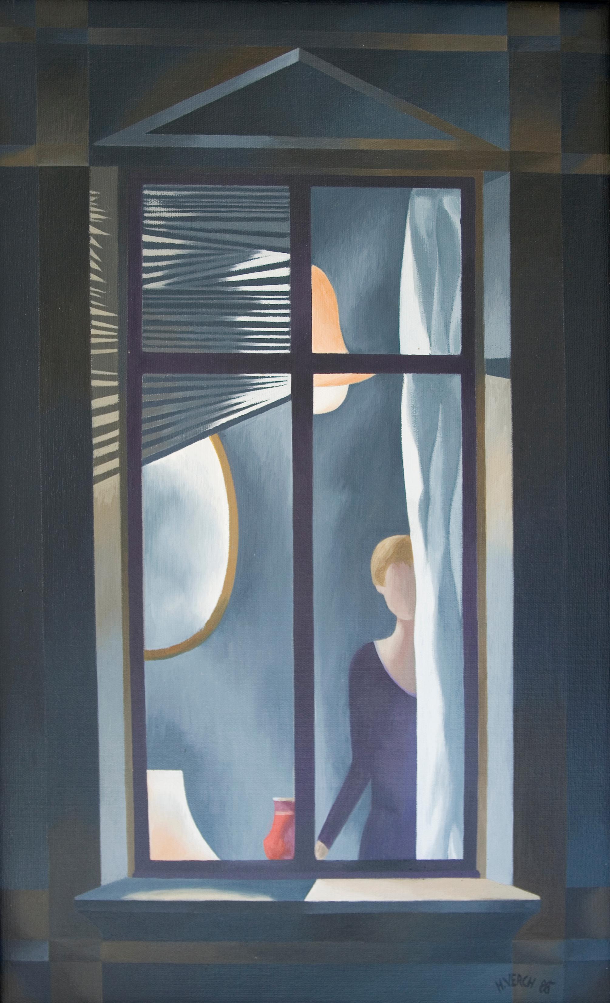 Helmut Verch Interior Painting - Frau am Fenster (Woman at the Window) - Oil/Canvas, Figurative, Reduced Forms