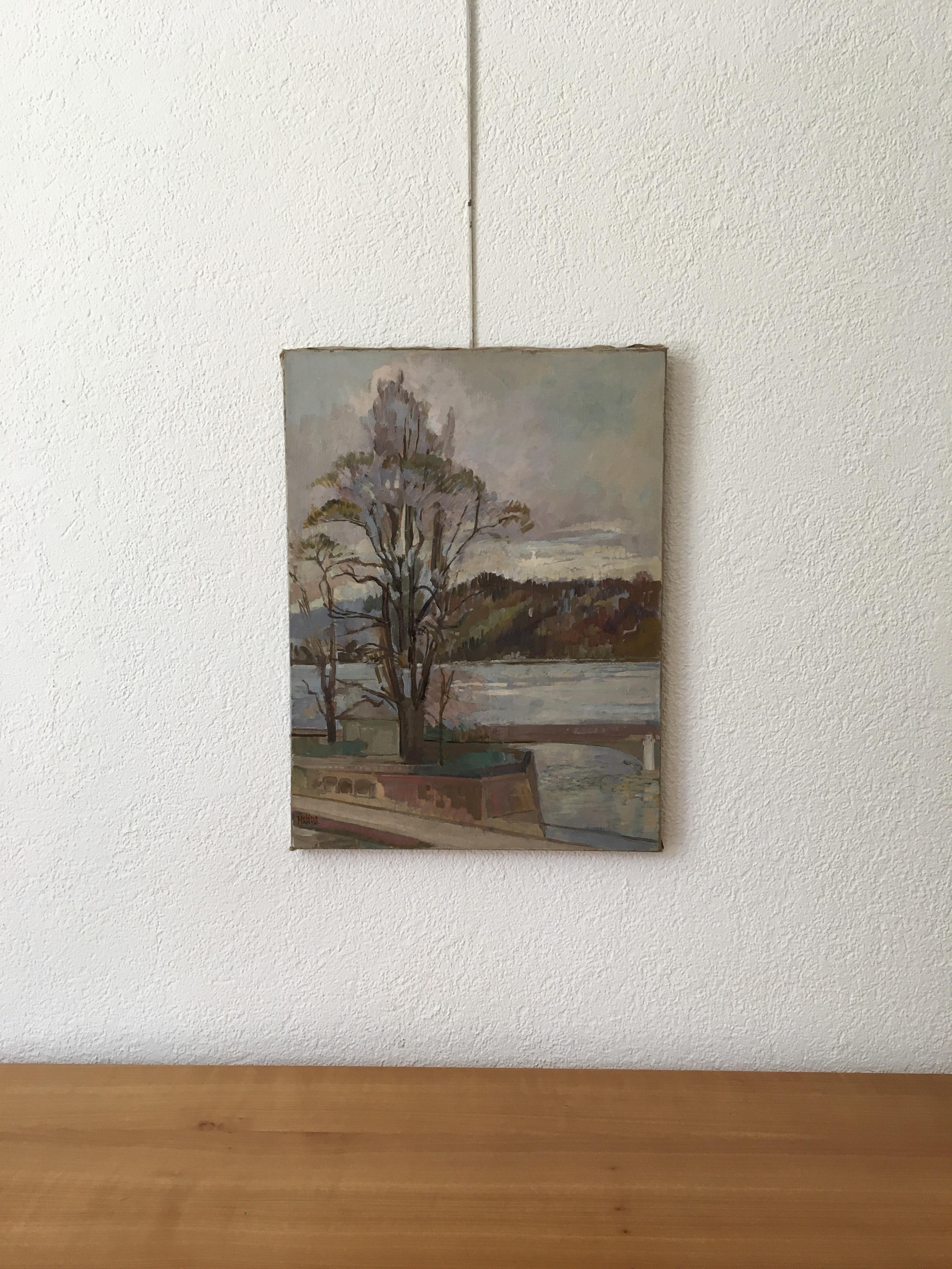 Rousseau Island, Mont-Blanc bridge and lake in Geneva - Painting by Helène Hantz