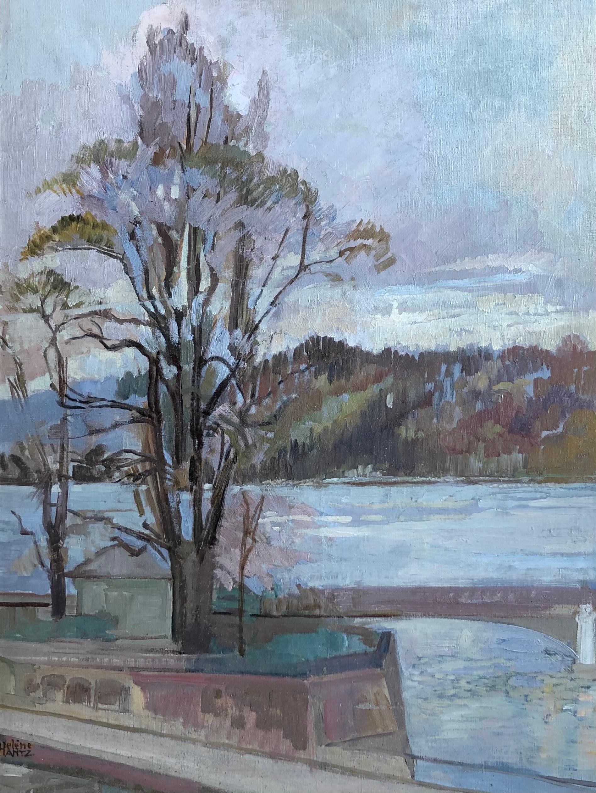 Helène Hantz Landscape Painting - Rousseau Island, Mont-Blanc bridge and lake in Geneva