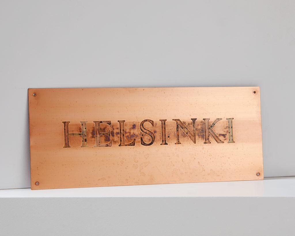 Modern 'Helsinki' Sign Designed by Jan Svenungsson, Copper, Unique, Sweden, 1991 For Sale