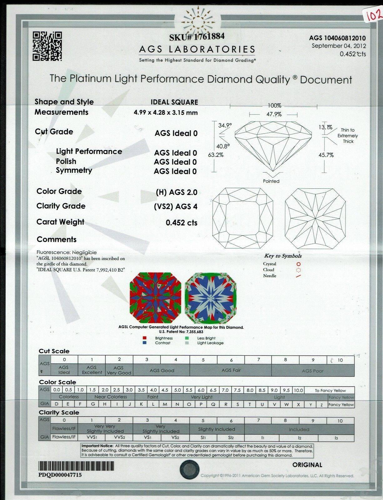 Taglio radiant Helzberg Anello con Diamante Quadrato Ideale 0,45 Carati H. H. VS2 Oro Bianco 18 Carati in vendita
