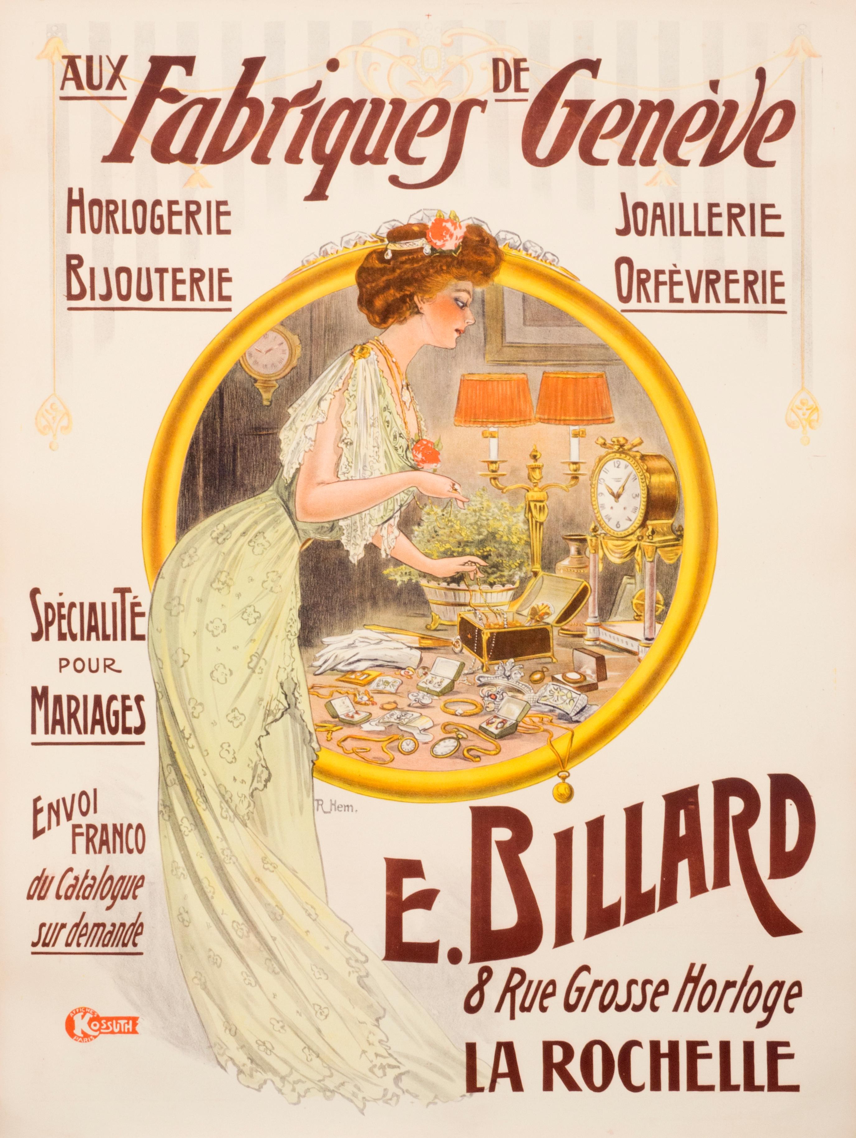 "E. Billard"  Geneva made Jewelry & Clocks  Original Vintage Poster