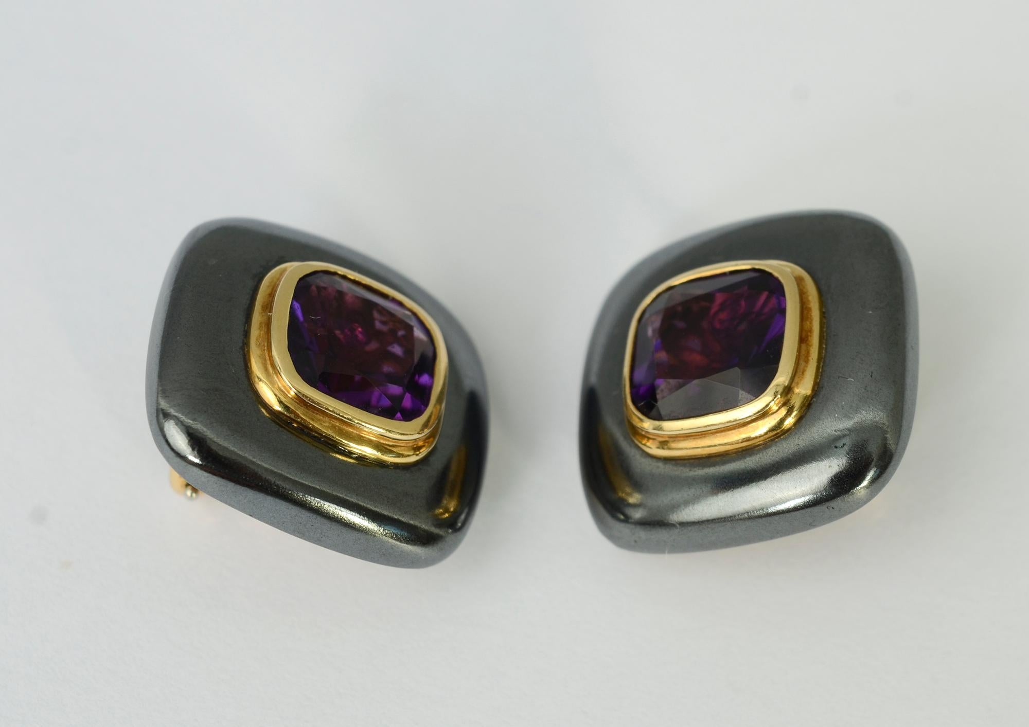 Modern Hematite and Amethyst Gold Earrings