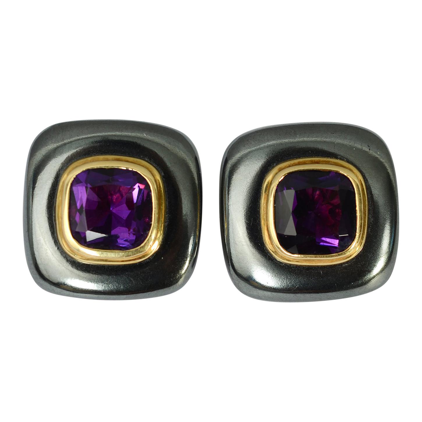 Hematite and Amethyst Gold Earrings