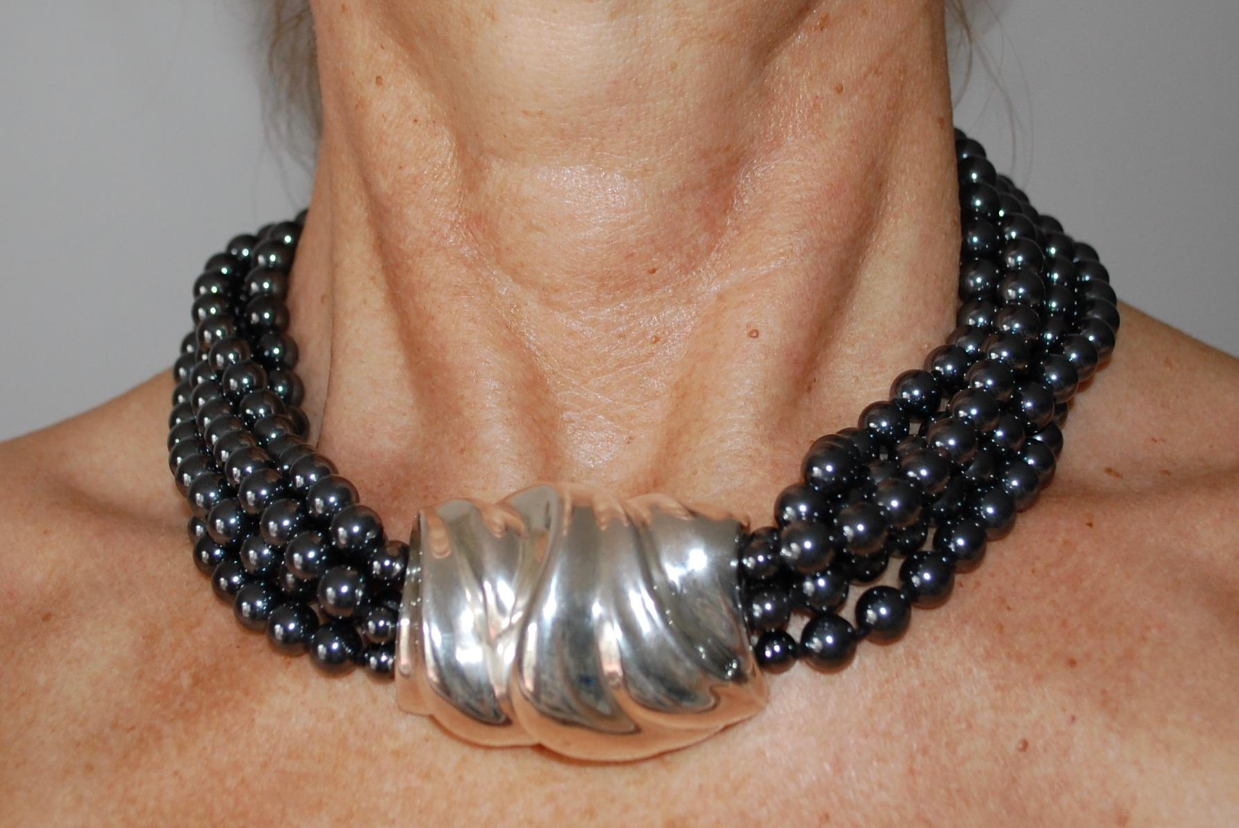 Bead Hematite Sterling Silver Necklace by Patricia von Musulin For Sale