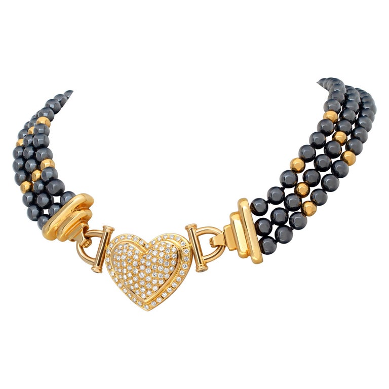 Hematite Beads Necklace with Removable Diamond Heart Center in 14k For