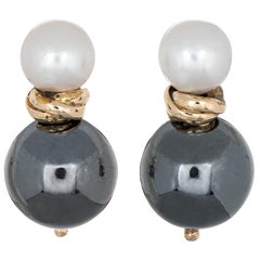 Hematite Cultured Pearl Earrings Vintage 9 Karat Gold Drops English Hallmarks