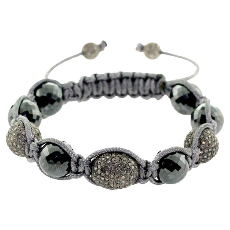 Hematite & Diamond Ball Beaded Thread Bracelet For Sale
