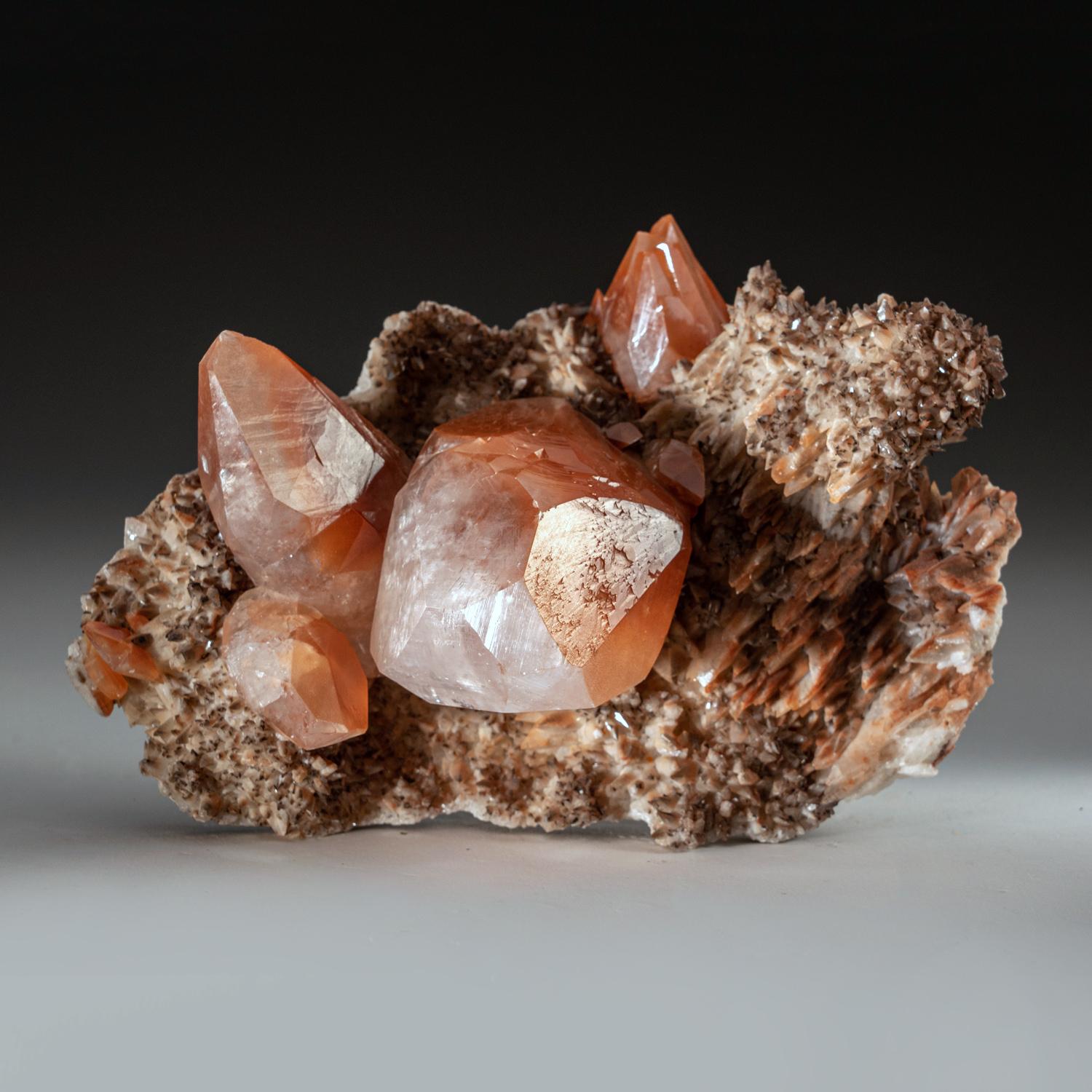Hematite included Calcite from Fengjiashan Mine, Edong Mining District, Daye Co., Hubei Province, China.

Large cluster of sharp scalenohedral crystals of calcite with red hematite inclusions on matrix of scalenohedral calcite crystals in a