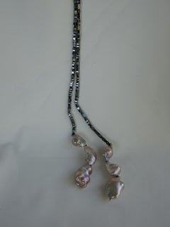 Hematite Natural Baroque Cultured Pearls Lariat Long Gemstone Necklace