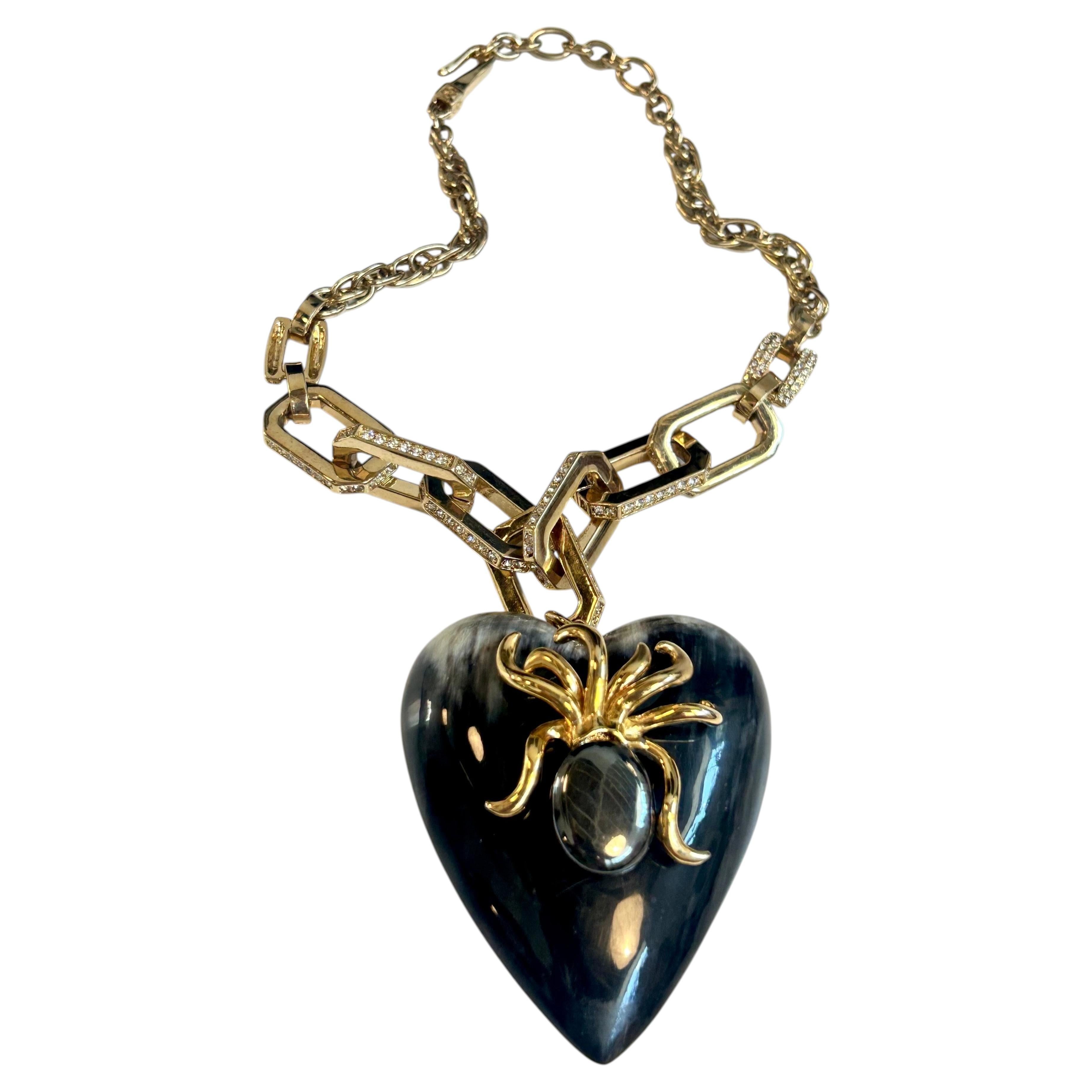 Hematite Octopus Ox-Horn Heart Pendant with OOAK Reworked Vintage Components For Sale