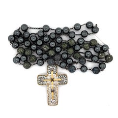 Hematite & Pave Diamond Ball Beaded Necklace With Cross Pendant In Gold & Silver