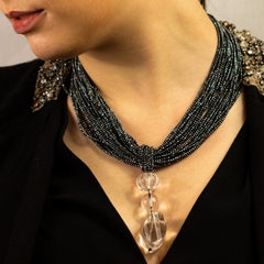 Hematite Rock Crystal Pendant 925 Gilded Silver Multi Strand Beaded Necklace