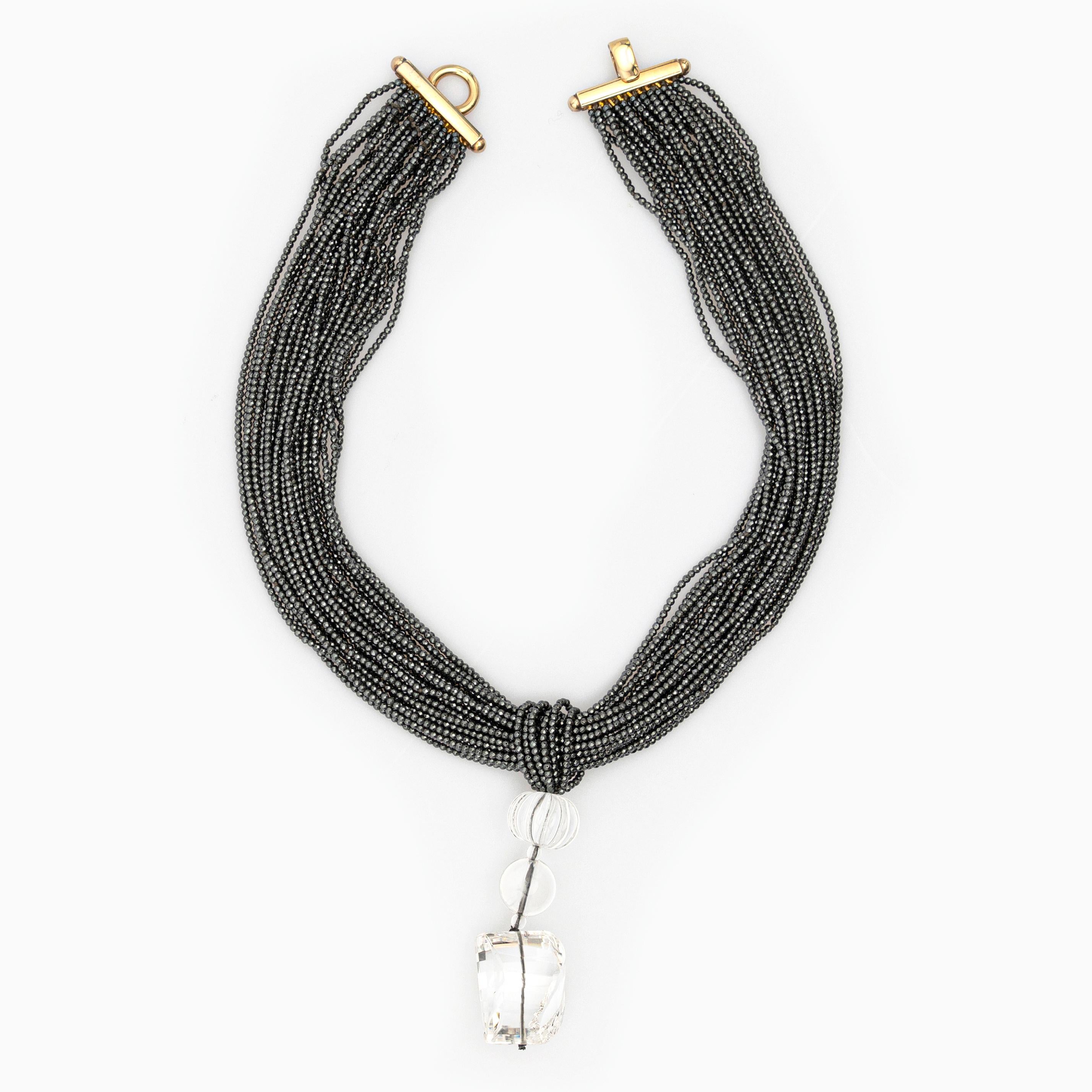 Hematite Rock Crystal Pendant 925 Gilded Silver Multi Strand Beaded Necklace In New Condition For Sale In Milano, IT