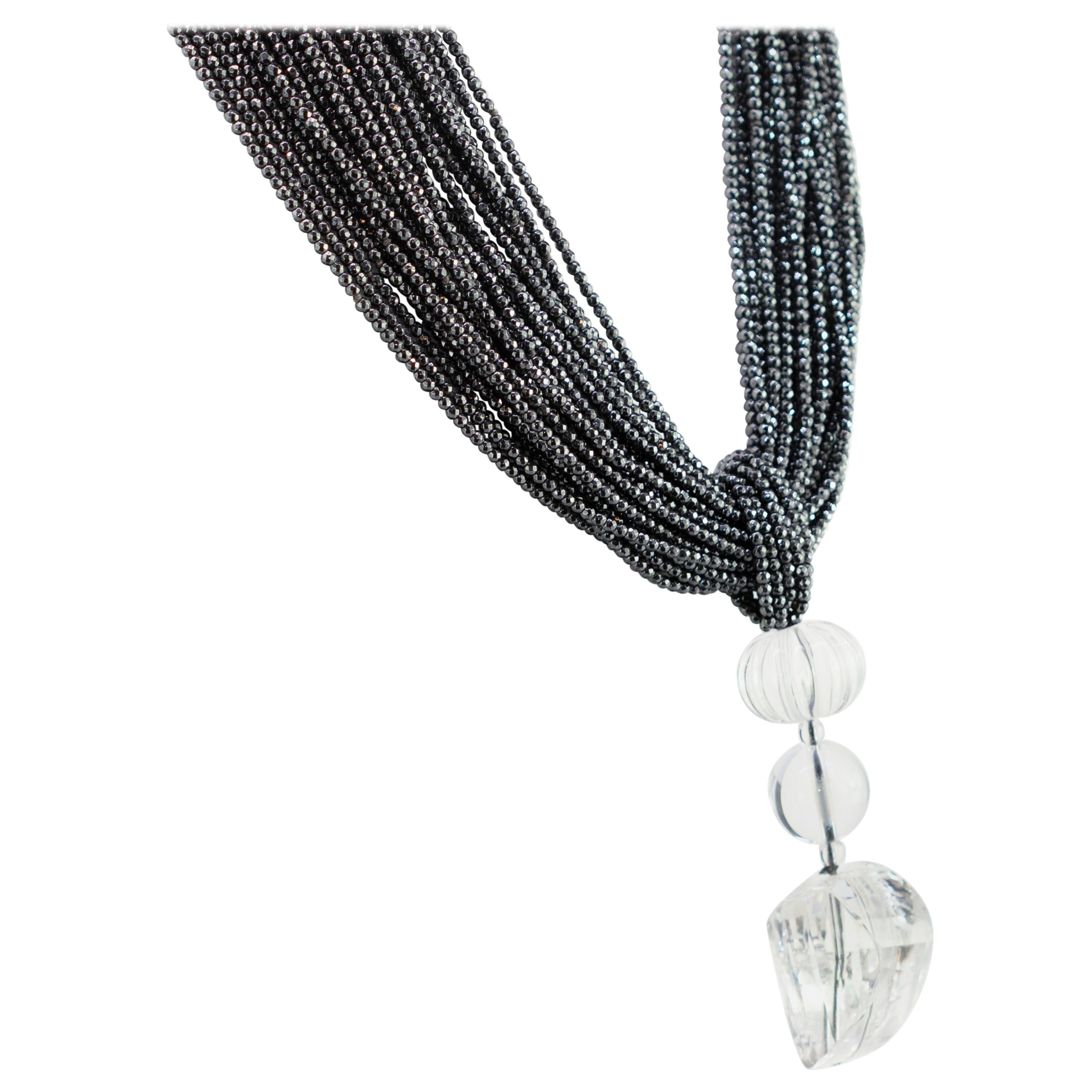 Hematite Rock Crystal Pendant 925 Gilded Silver Multi Strand Beaded Necklace