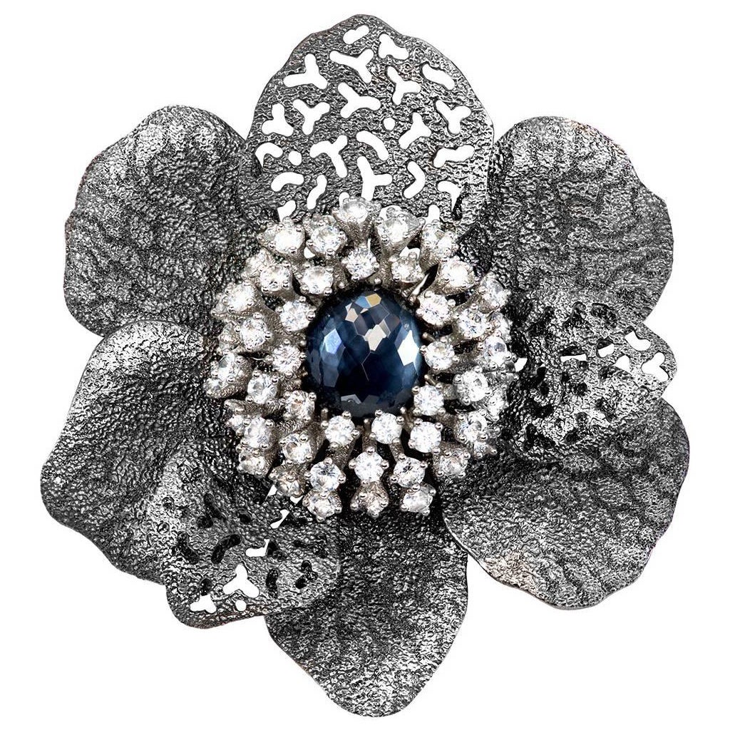Hematite White Quartz Doublet White Topaz Brooch Pendant Black Silver Ltd. Ed.