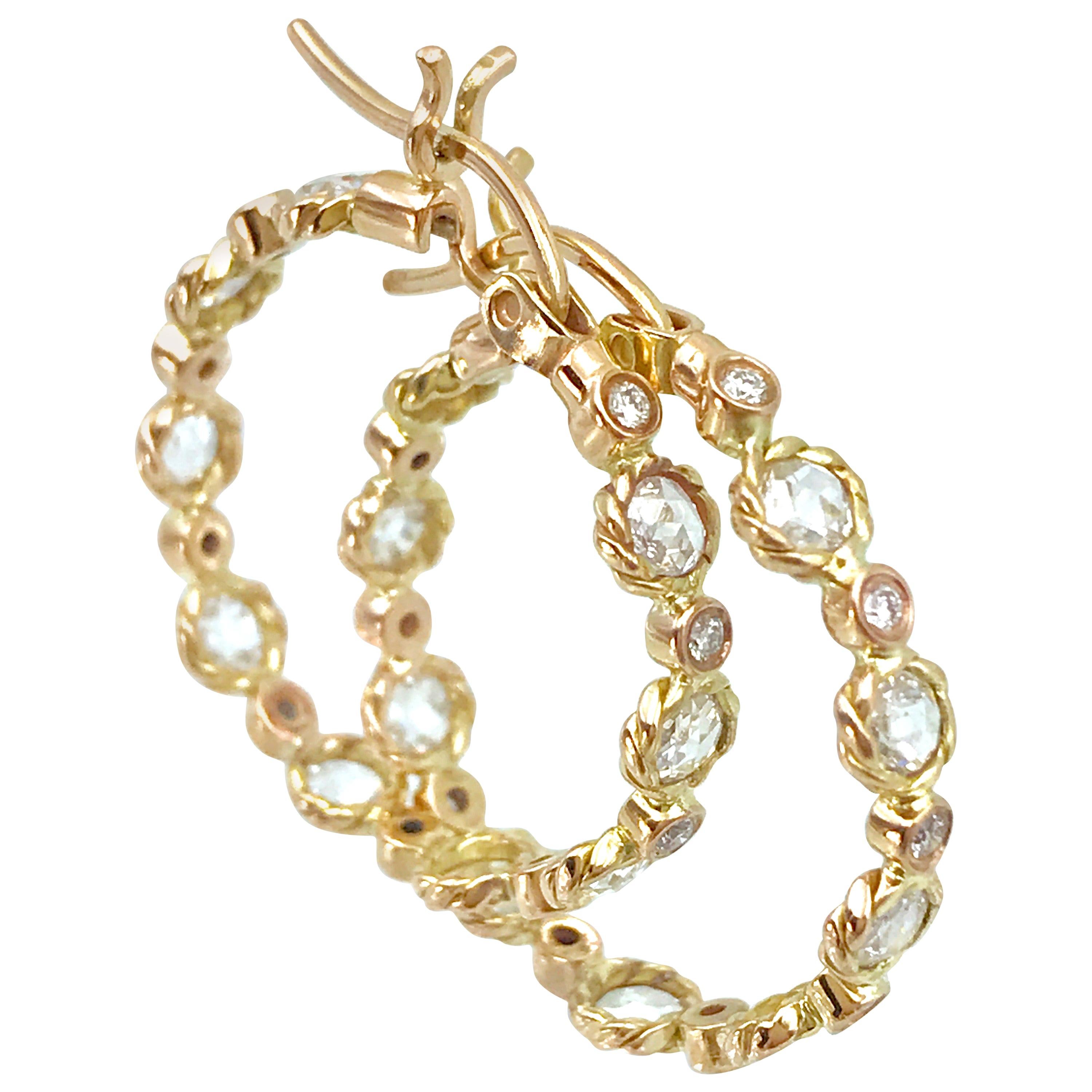 Hemera Rose-Cut Diamond Hoop Earrings 18 Karat Yellow Gold 0.881 Carat For Sale