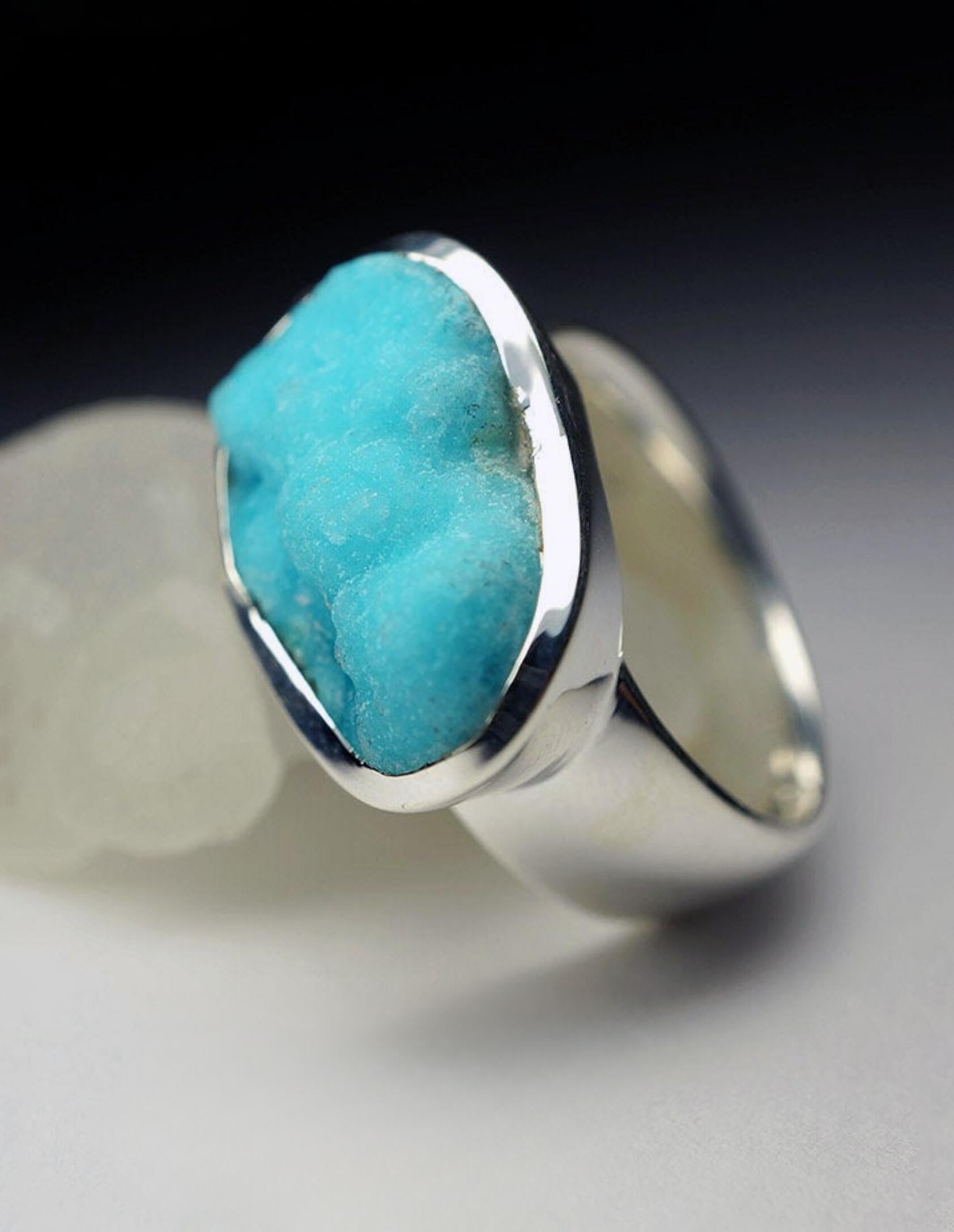 Hemimorphite Silver Ring Big Blue Crystal Rare Gemstone Fine Unisex Jewelry For Sale 5