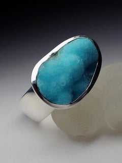 Hemimorphite Silver Ring Big Blue Crystal Rare Gemstone Fine Unisex Jewelry