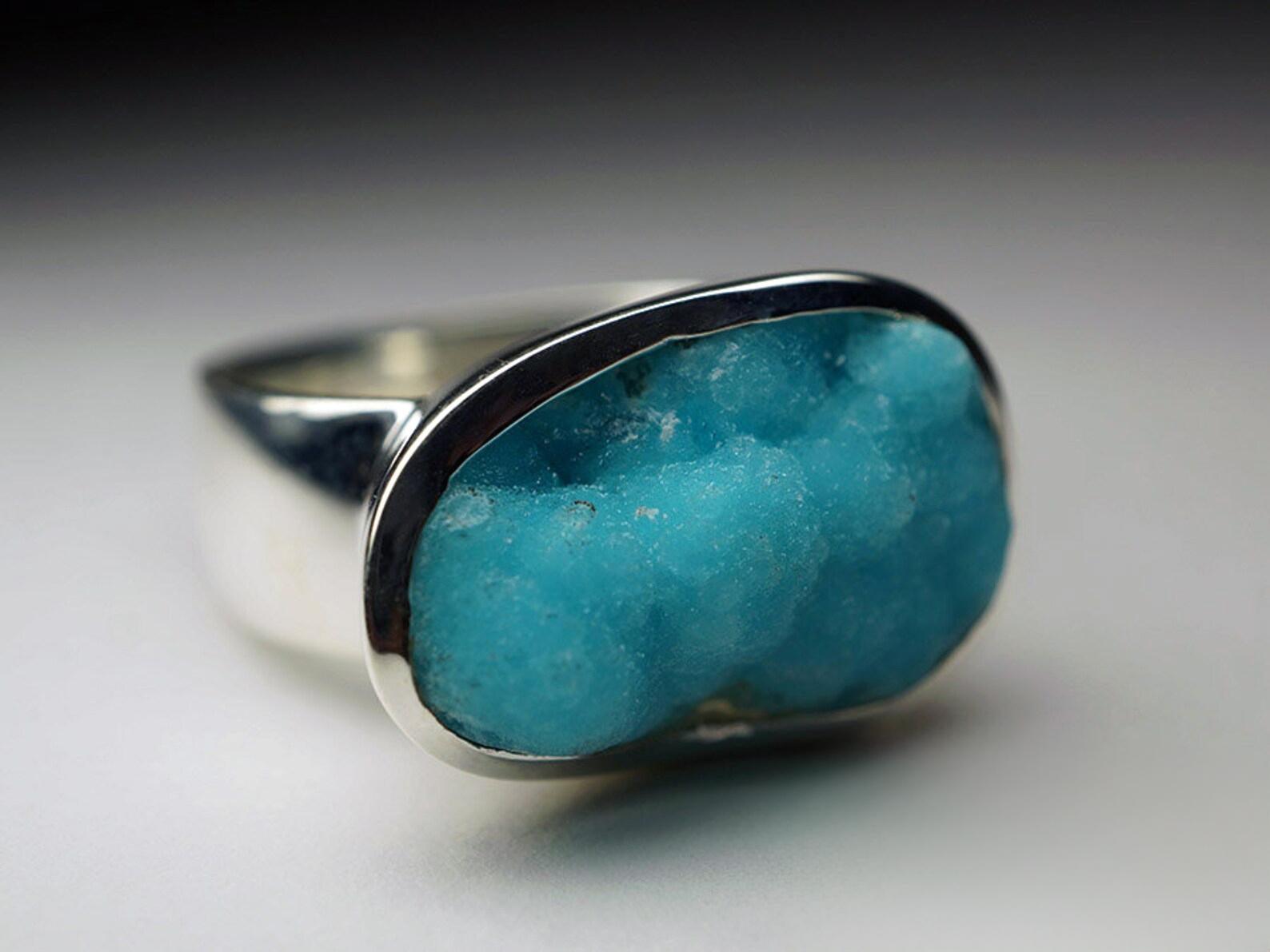 Artisan Hemimorphite Silver Ring Big Blue Crystal Rare Gemstone Fine Unisex Jewelry For Sale
