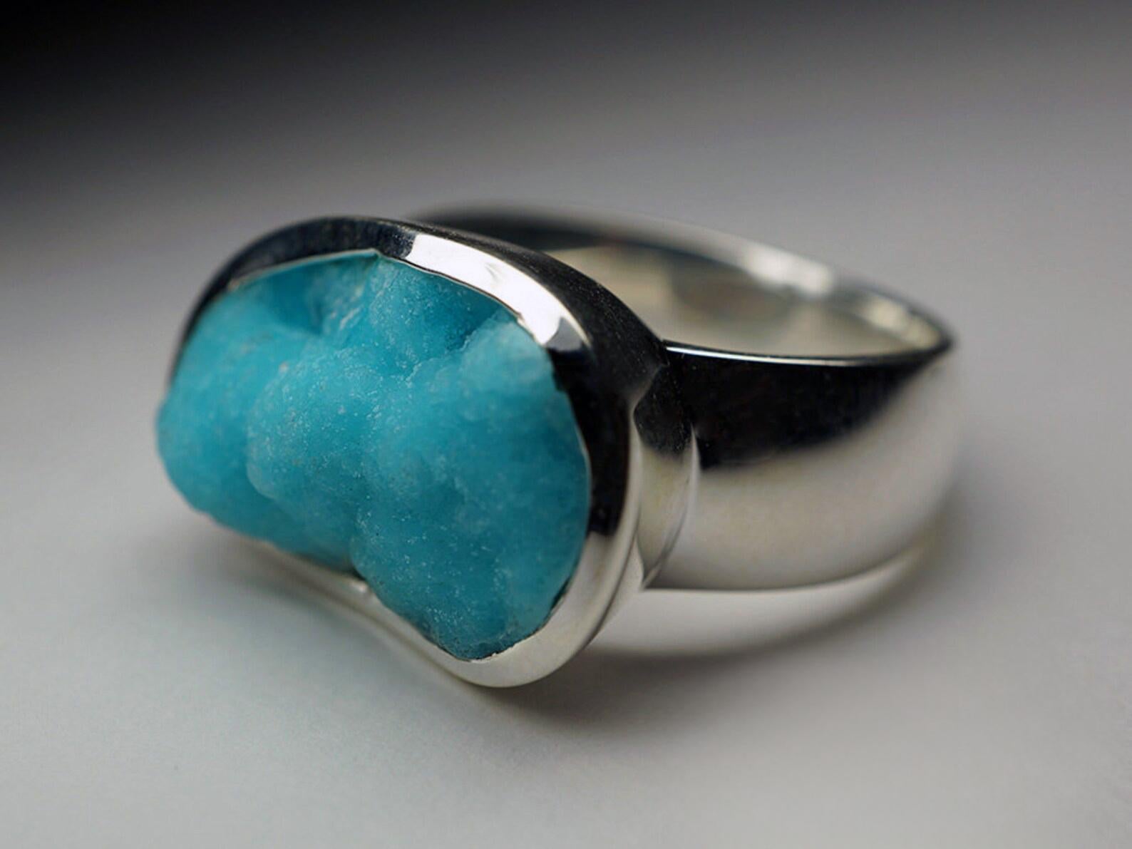 Rough Cut Hemimorphite Silver Ring Big Blue Crystal Rare Gemstone Fine Unisex Jewelry For Sale