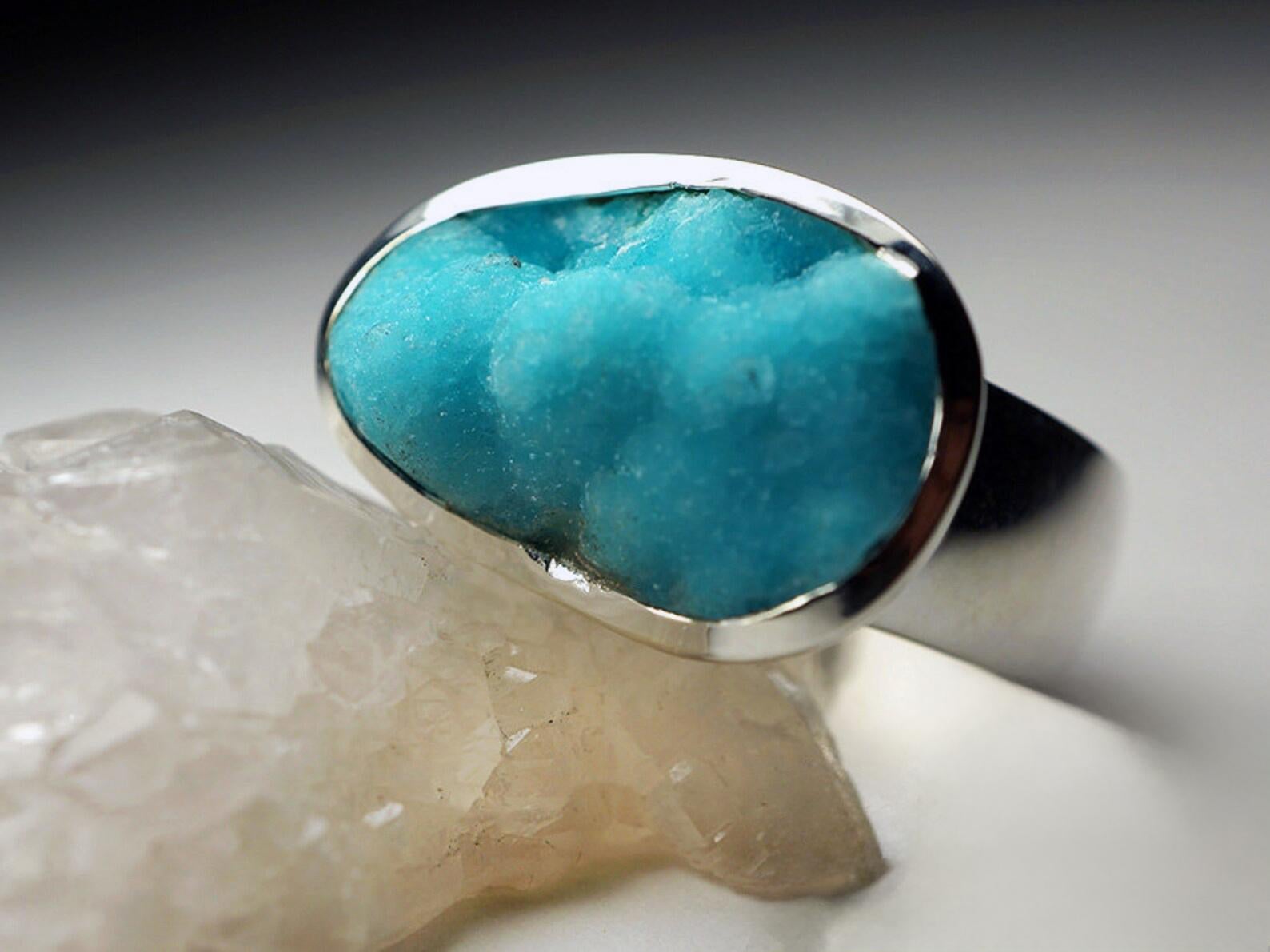 Hemimorphite Silver Ring Big Blue Crystal Rare Gemstone Fine Unisex Jewelry In New Condition For Sale In Berlin, DE