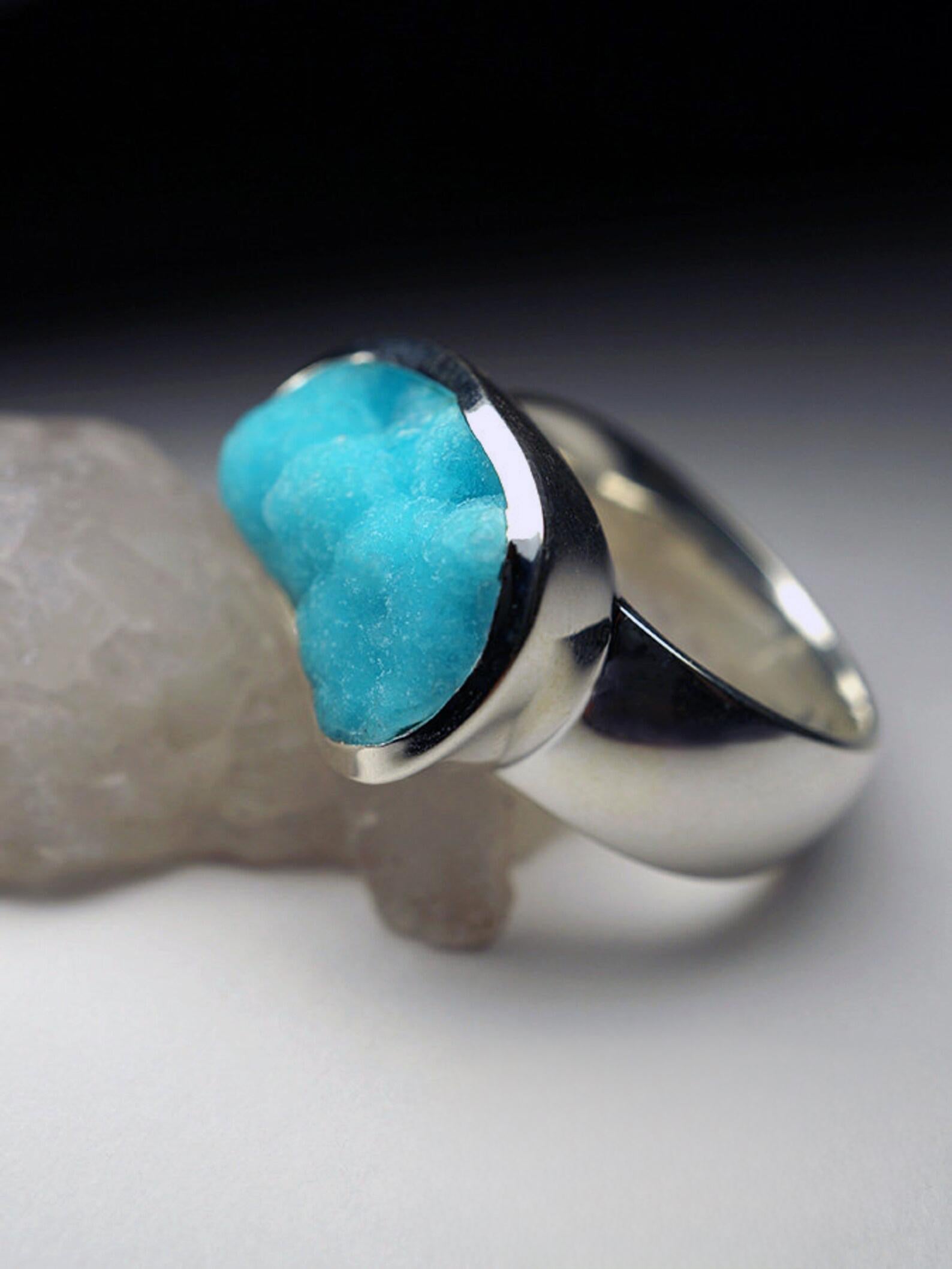 Hemimorphite Silver Ring Big Blue Crystal Rare Gemstone Fine Unisex Jewelry For Sale 1
