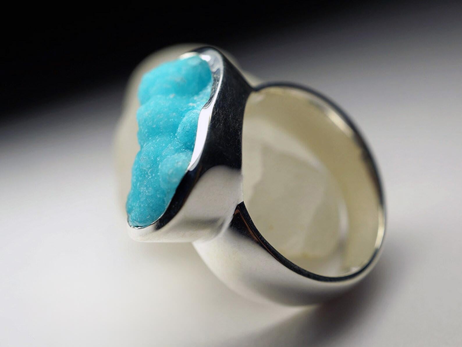 Hemimorphite Silver Ring Big Blue Crystal Rare Gemstone Fine Unisex Jewelry For Sale 2