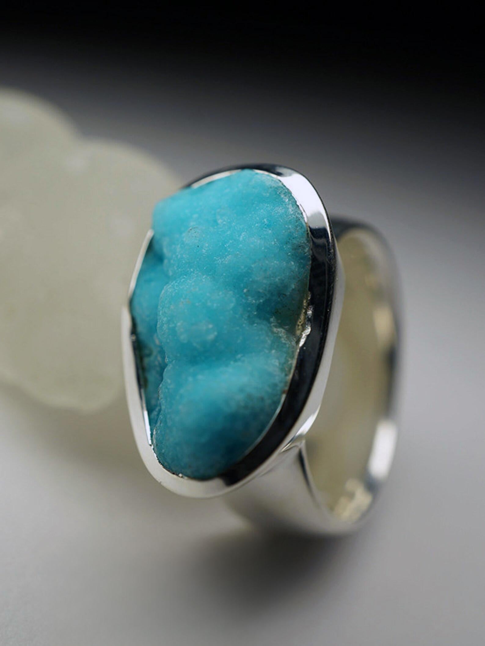 Hemimorphite Silver Ring Big Blue Crystal Rare Gemstone Fine Unisex Jewelry For Sale 3