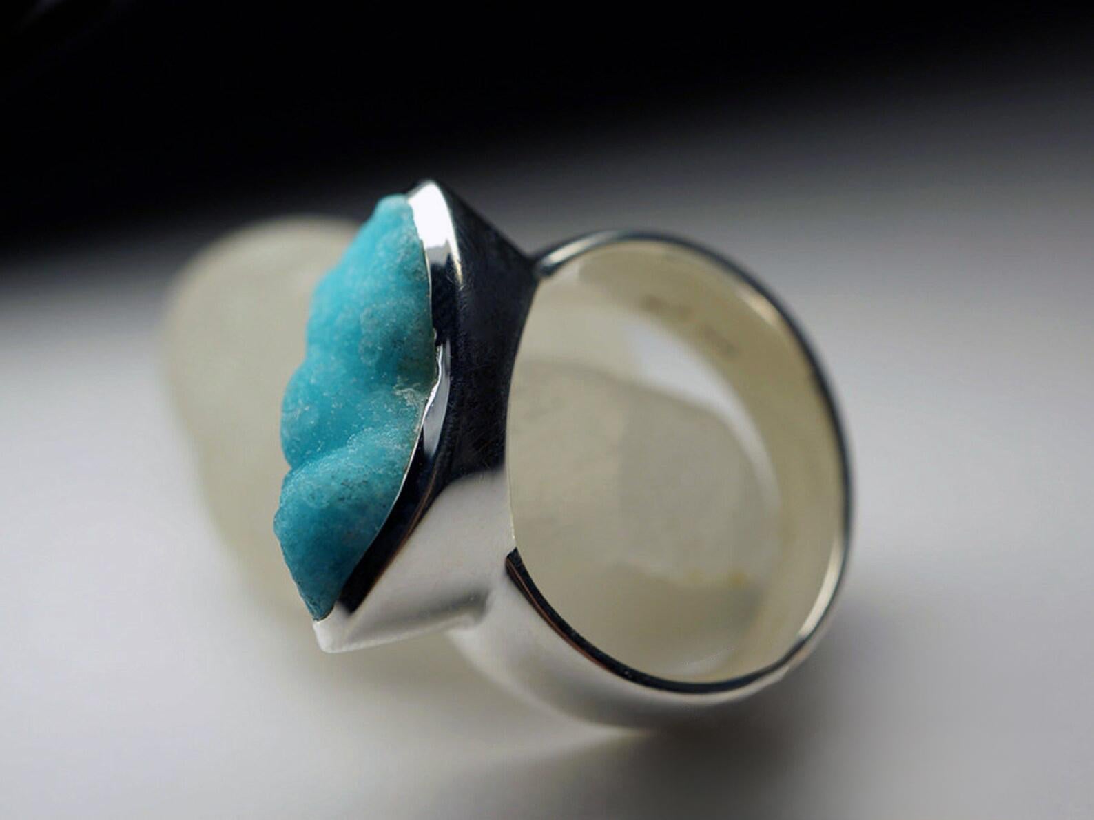Hemimorphite Silver Ring Big Blue Crystal Rare Gemstone Fine Unisex Jewelry For Sale 4