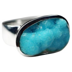 Hemimorphite Silver Ring Big Blue Crystal Rare Gemstone Fine Unisex Jewelry