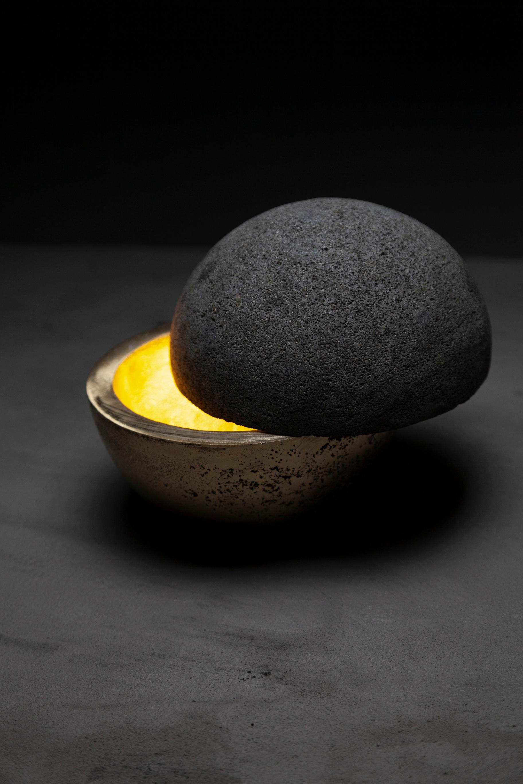 Contemporary HEMISFERIO Table Lamp in Casted Bronze and Volcanic Stone by ANDEAN, In Stock For Sale