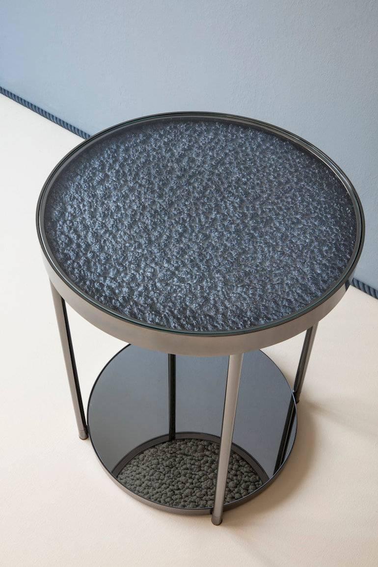 Modern Hemlock Side Table End Table Polished Black Nickel and Smoked Mirrored Glass For Sale