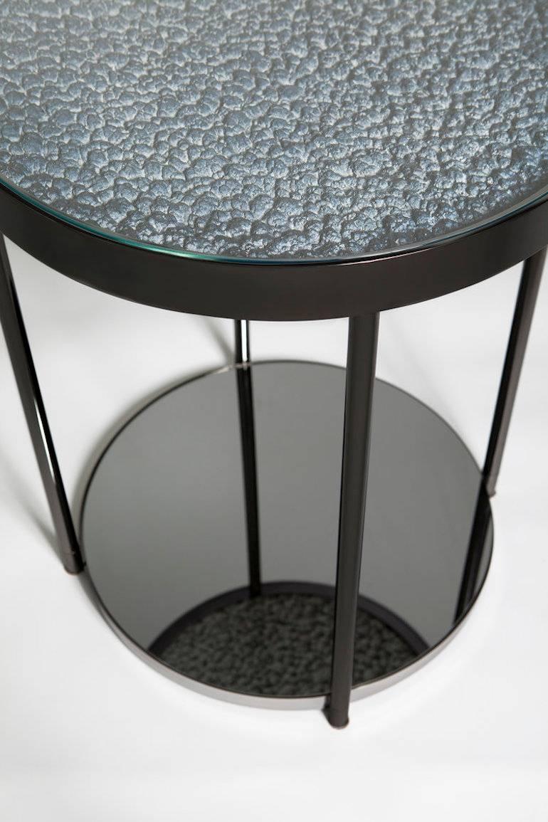 Turkish Hemlock Side Table End Table Polished Black Nickel and Smoked Mirrored Glass For Sale